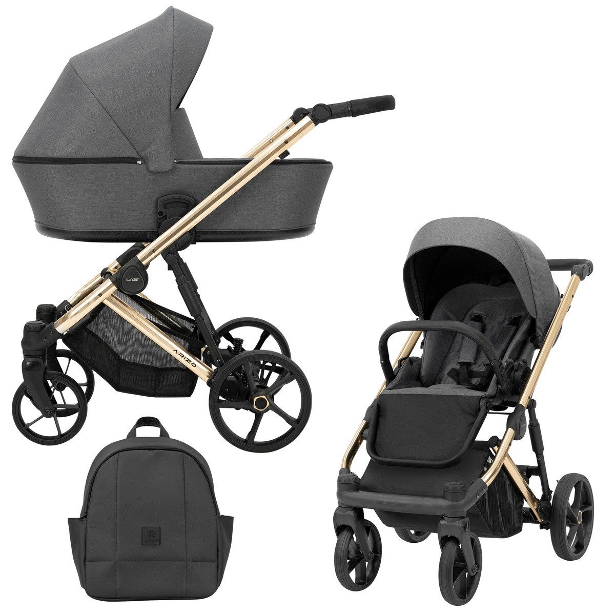KUNERT Kombi-Kinderwagen ARIZO PREMIUM 2 in1 Kinderwagen mit goldenem Gestell und Zubehör, 5-Punkt-Gurt, verstellbare Rückenlehne, UV50-Sonnenschutz