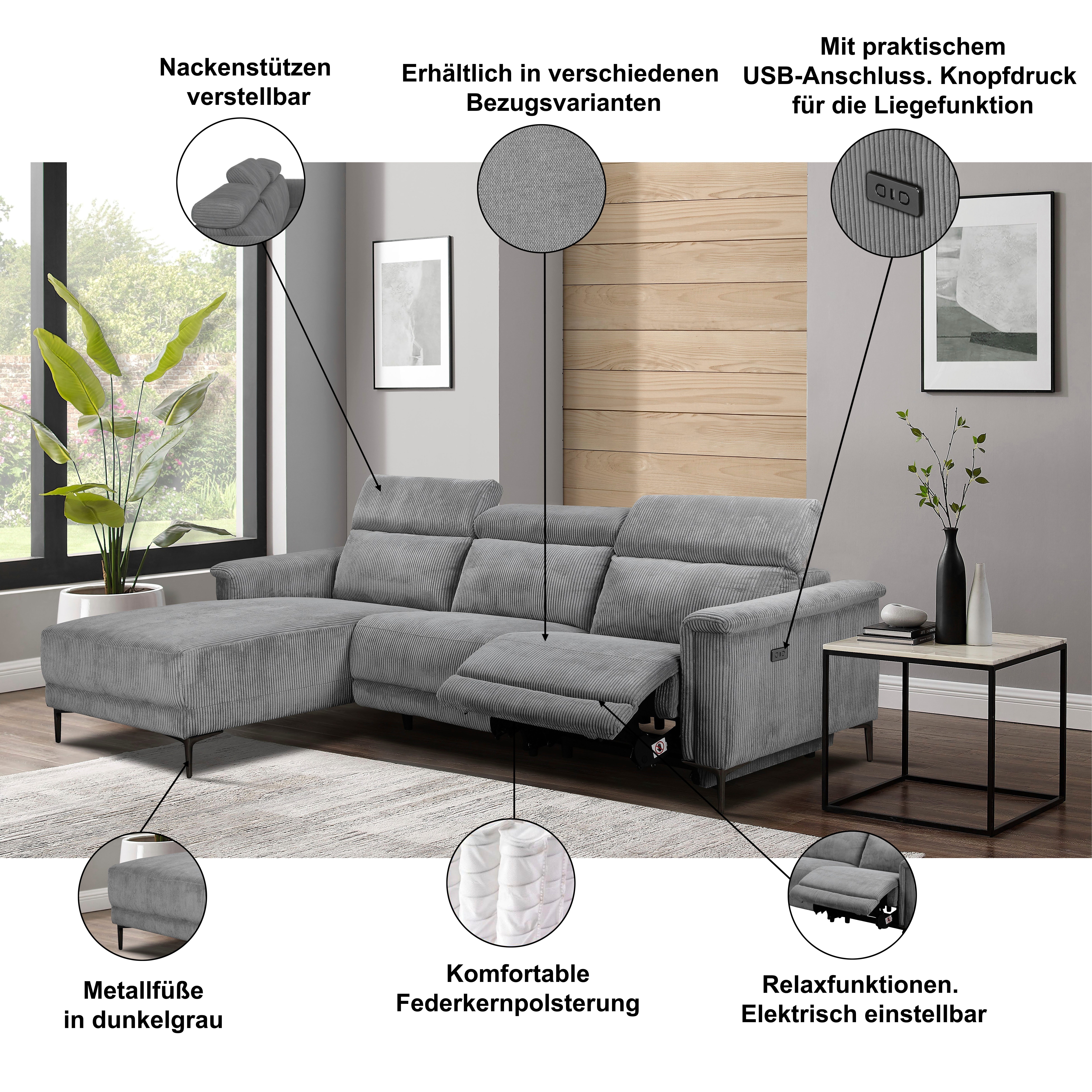 OTTO home Ecksofa LUND, L-Form, 261cm, man. o. elektr. Relaxfunktion (mit USB-A), und Kopfteilverstellung
