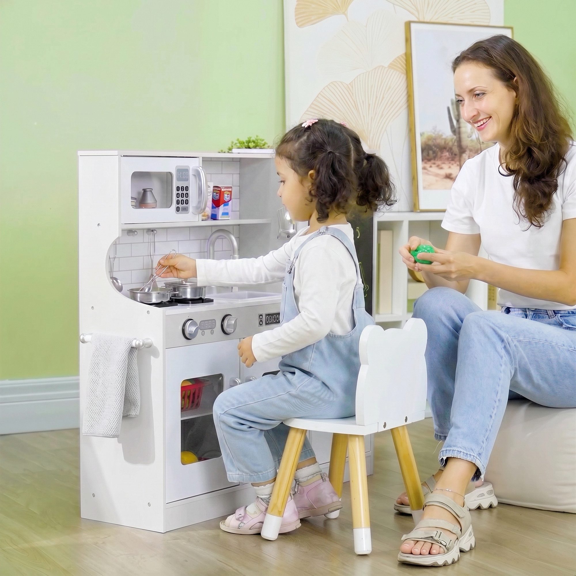 AIYAPLAY Spielküche Kinderküche mit Spielzeug Telefon, Kreidetafel, Puppenküche MDF, Geschenk für 3-8 Jahre Kinder, Weiß
