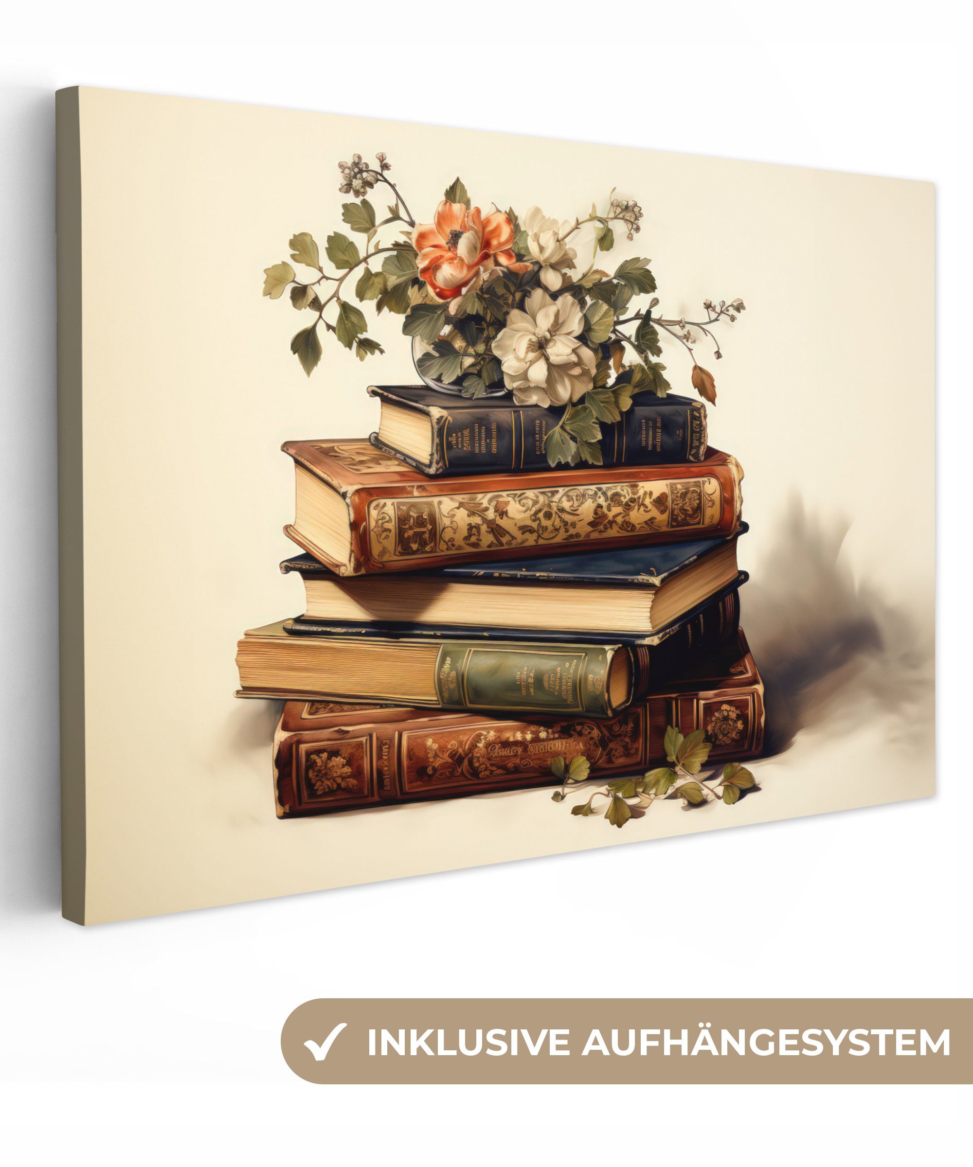 OneMillionCanvasses® Leinwandbild Vintage - Bücher - Blumen - Weiß, Fotodru günstig online kaufen