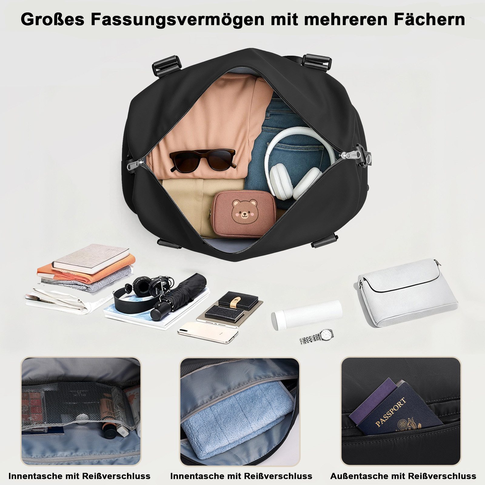 TAN.TOMI Reisetasche Wasserdicht Travel Duffle Bag 46x46x23 Tragetasche Sporttasche (Erweiterbar mit Trolley-Ärmel und Nasstasche), Fitnesstasche Trainingstasche Krankenhaustasche mit Schuhfach