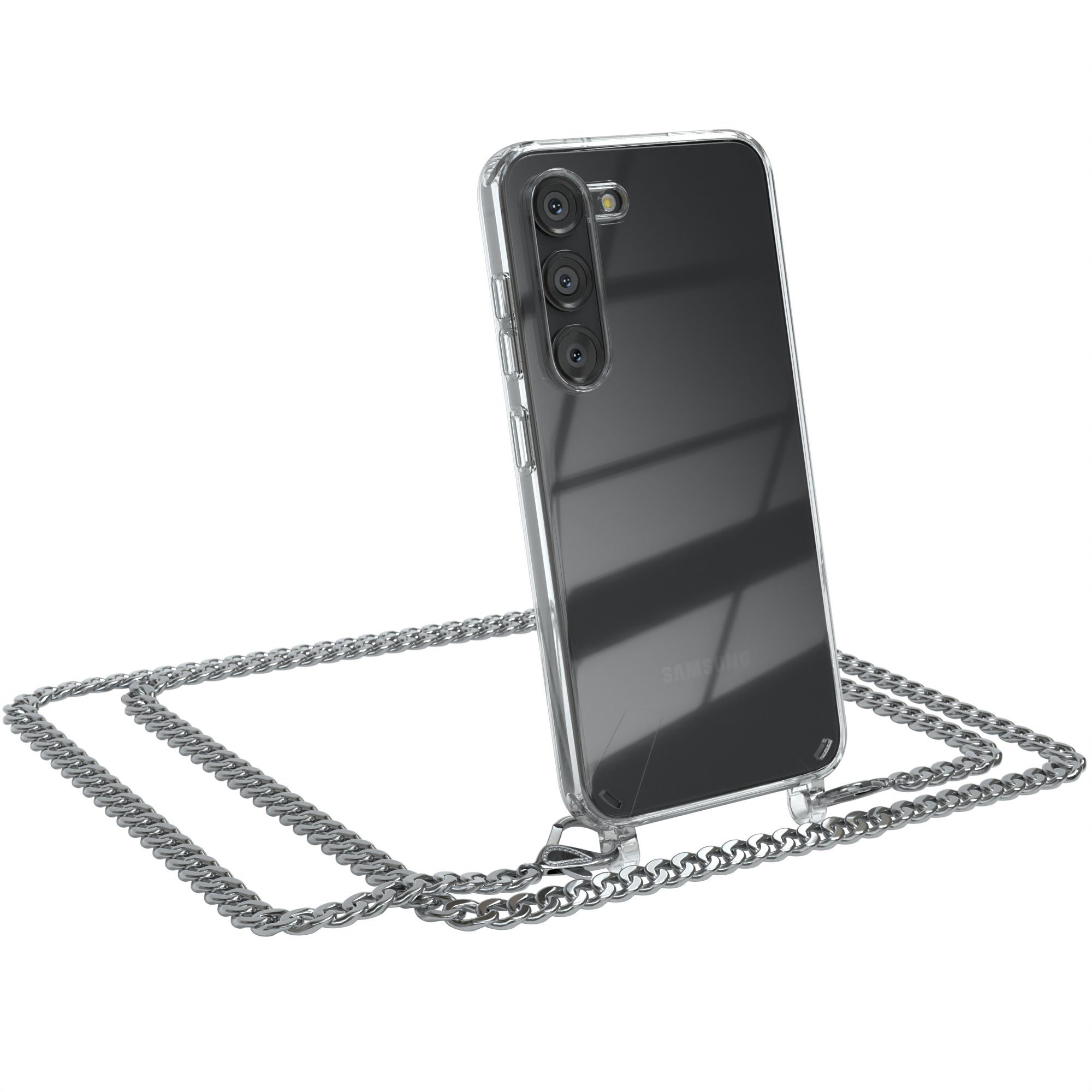EAZY CASE Handykette 2in1 Metallkette für Samsung Galaxy S23 6,1 Zoll, Hülle mit Kette Metallkette Slimcover Handykette Umhängetasche Silber