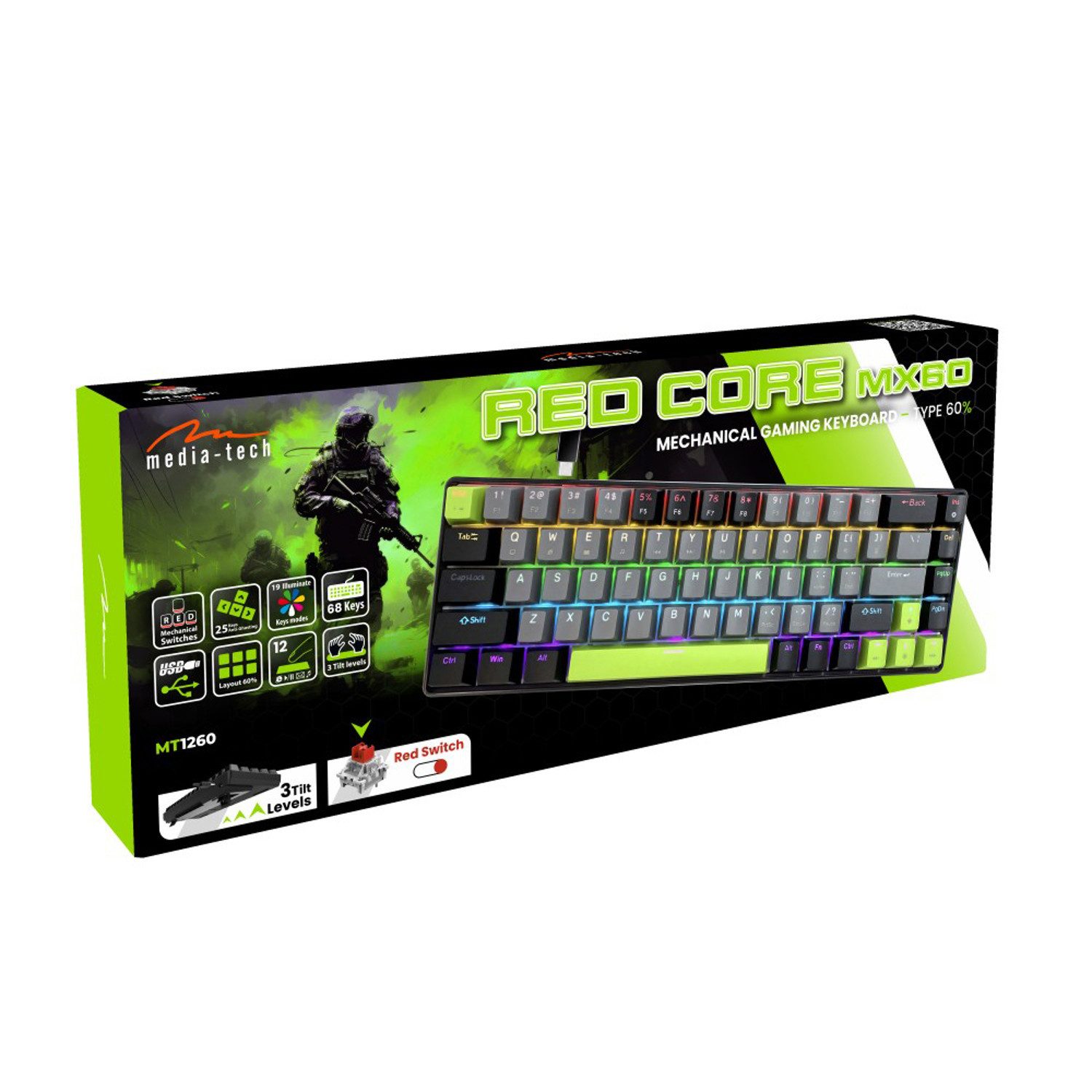 MEDIA-TECH MT1260 Mechanische Tastatur Qwerty Gaming-Tastatur (Tastenbeleuchtung 19 Farbbeleuchtungsmodi)