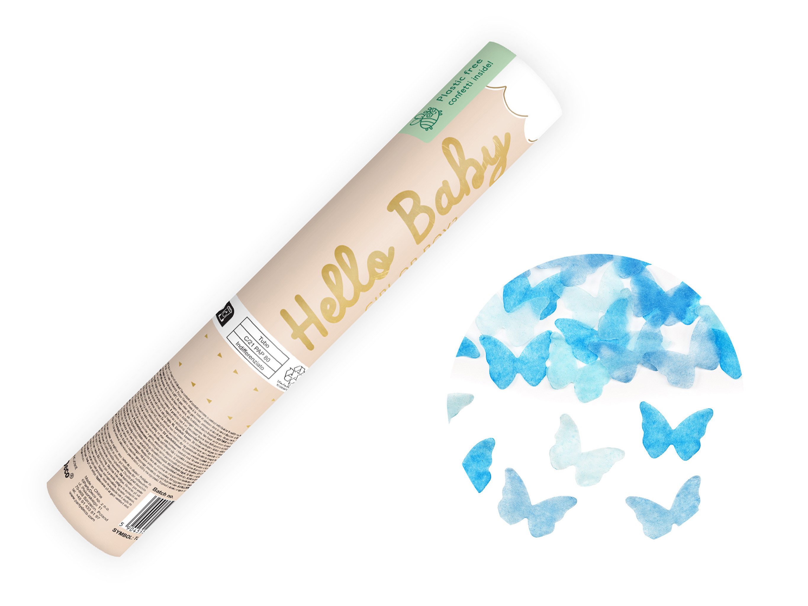 partydeco Konfetti, Konfettikanone Babygeschlecht Junge Schmetterlingskonfetti 20cm Blau