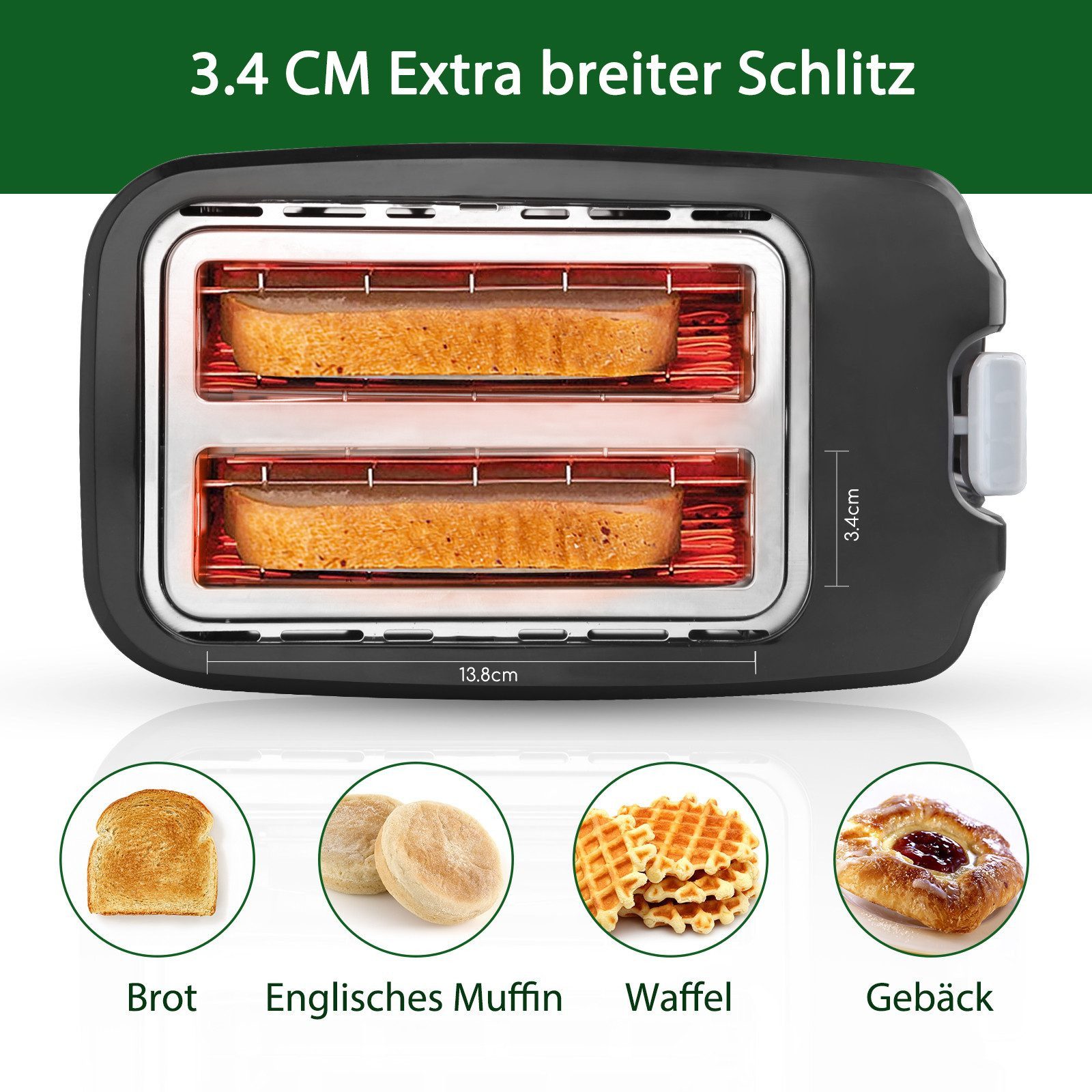 Aigostar Frühstücks-Set Doppelwandiger Wasserkocher aus Edelstahl 1,7L/ 2-Scheiben Toaster, 4 Minuten Schnell auf 100°C, BPA Frei, automatic pop-up