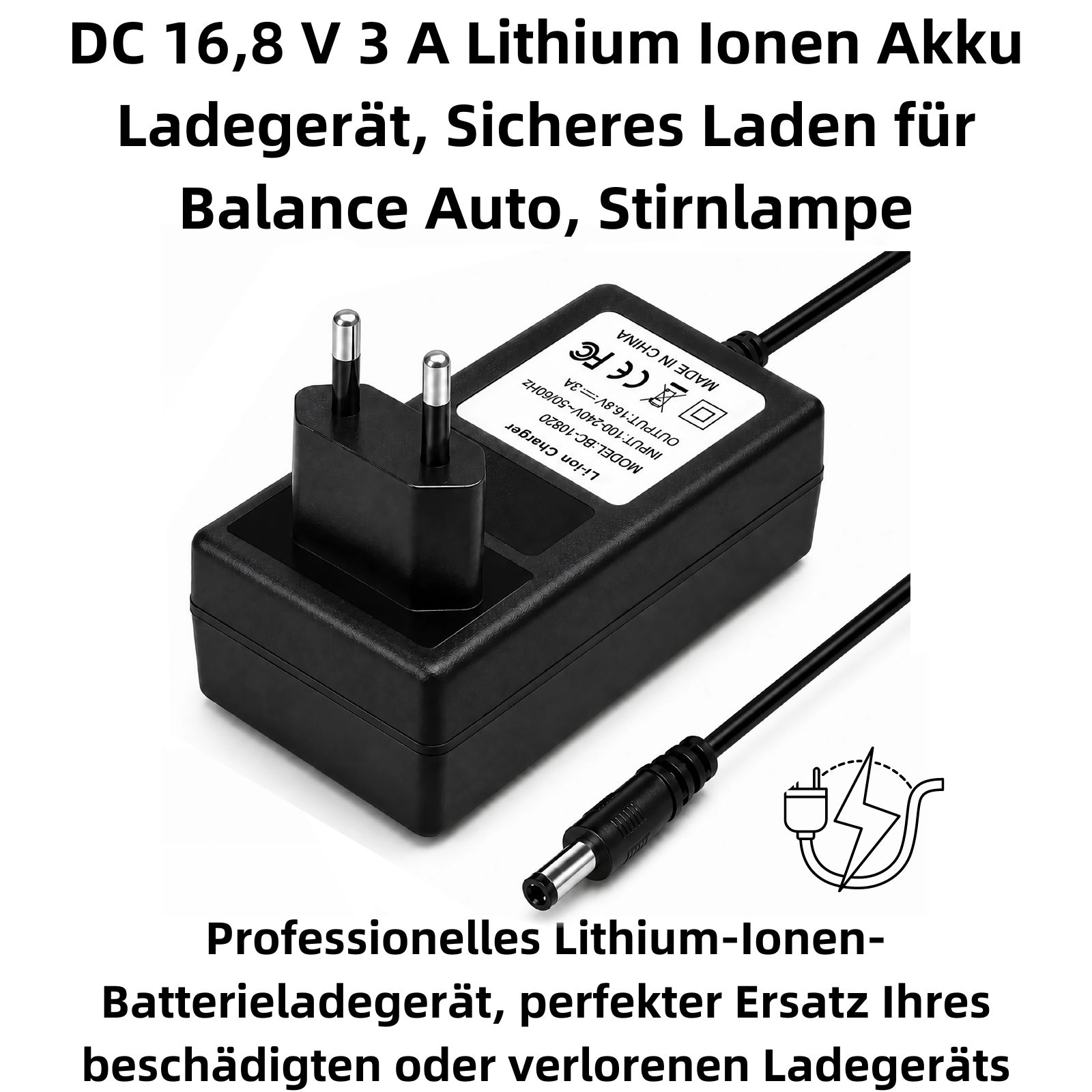 Bolwins P19C DC 16,8V 3A 5.5x2.5mm Netzadapter Li-Ion Batterie Akku Ladegerät Batterie-Ladegerät (3000 mA, Packung, 1-tlg., 1x 16,8 V 3 A Ladegerät für Li-Ion-Akkupacks, Stabile Spannung, LED-Statusanzeige, integrierter Schutz)