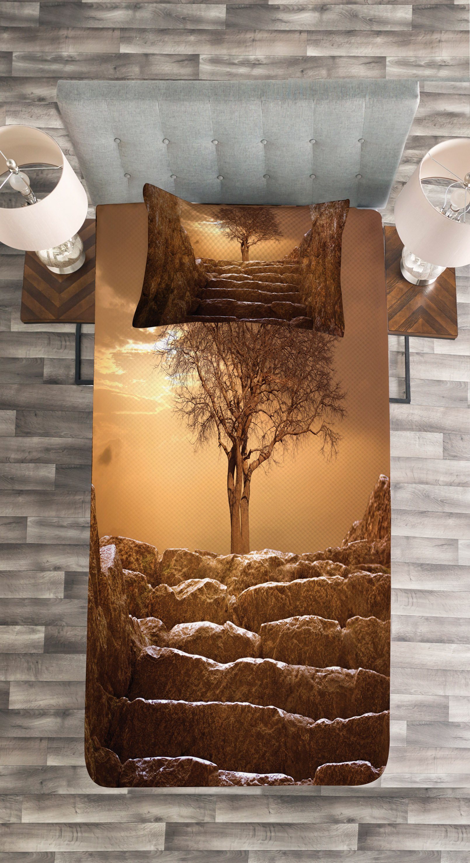 Tagesdecke Set mit Kissenbezügen Baum Himmel Brown bewölkt Sonnenuntergang Abakuhaus, Waschbar