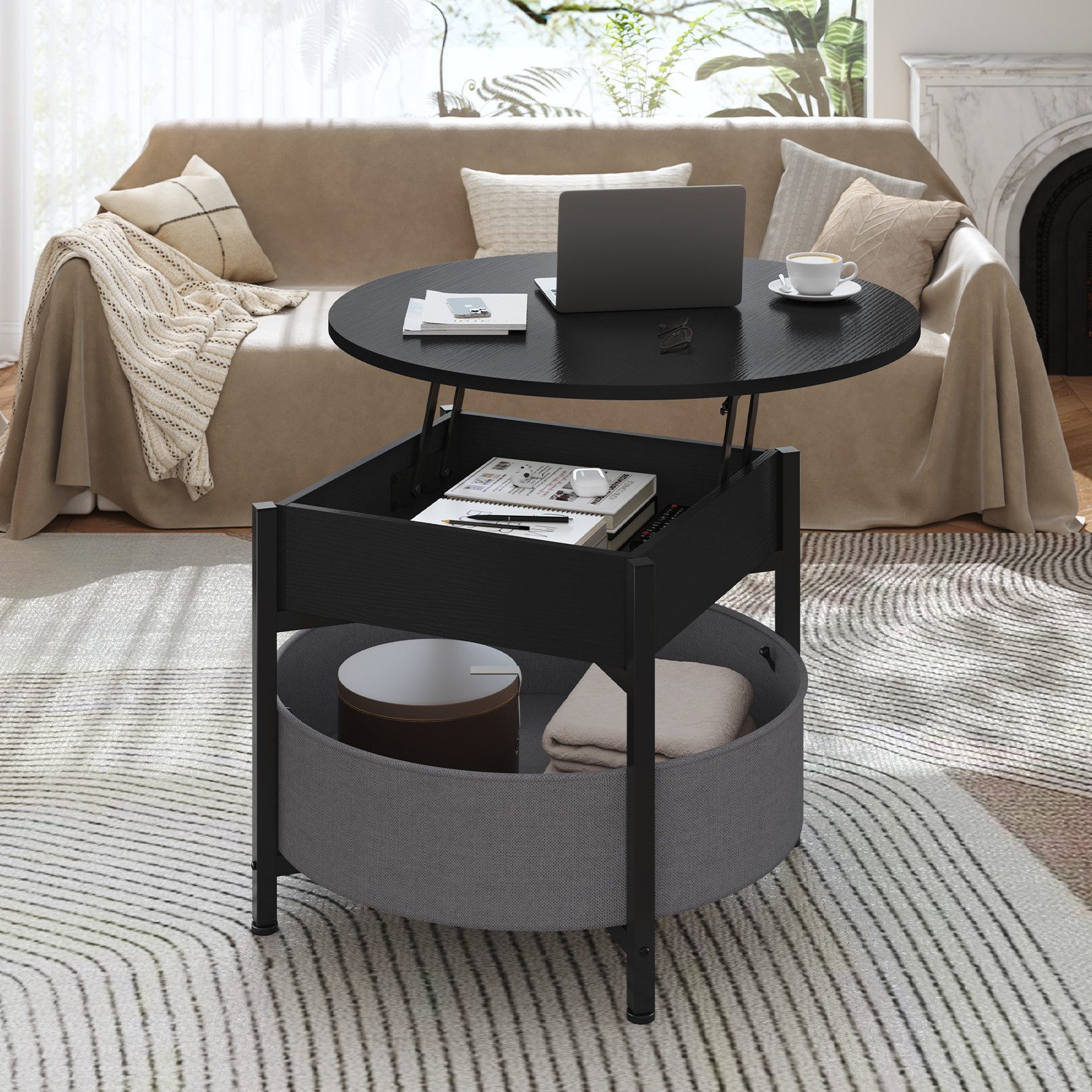 MSMASK Couchtisch Wohnzimmertisch mit Korb aus Stoff, höhenverstellbar (1-St), Rundes Lift-Top-Couchtisch, Beistelltisch, Kaffeetisch, 70x70x50 cm – Bild 5 von 5
