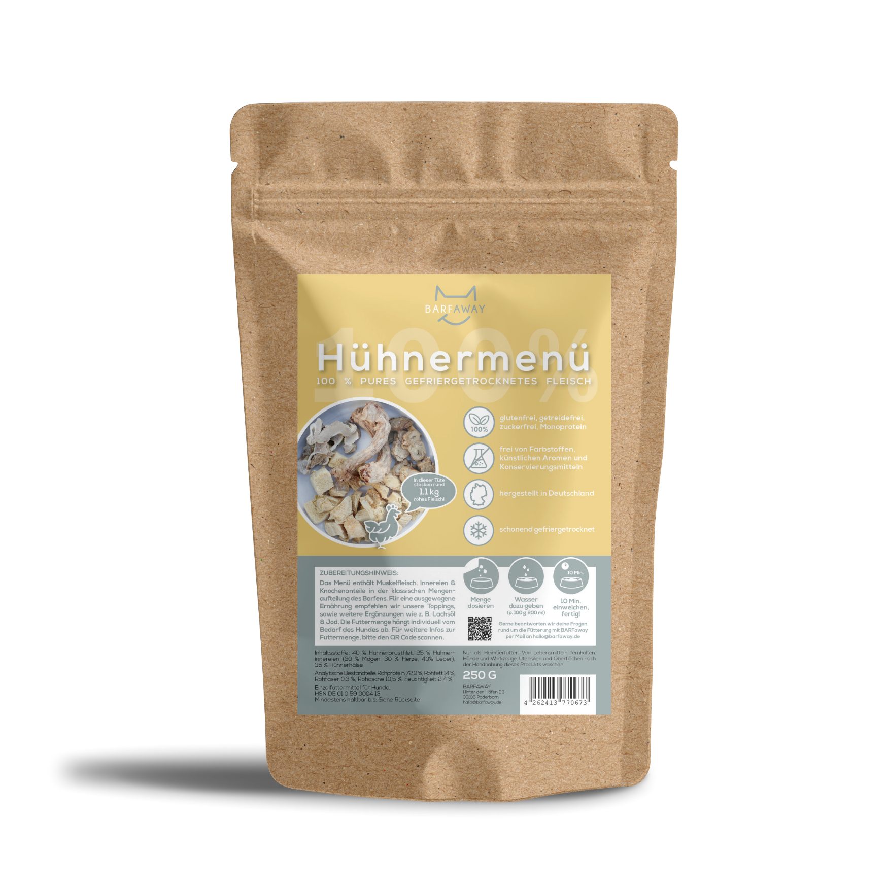 BARFaway BARF Menü Huhn mit Hühnerhälsen 250 g Huhn mit Hühnerhälsen, BARF für: Hunde, gefriergetrocknet, proteinreich