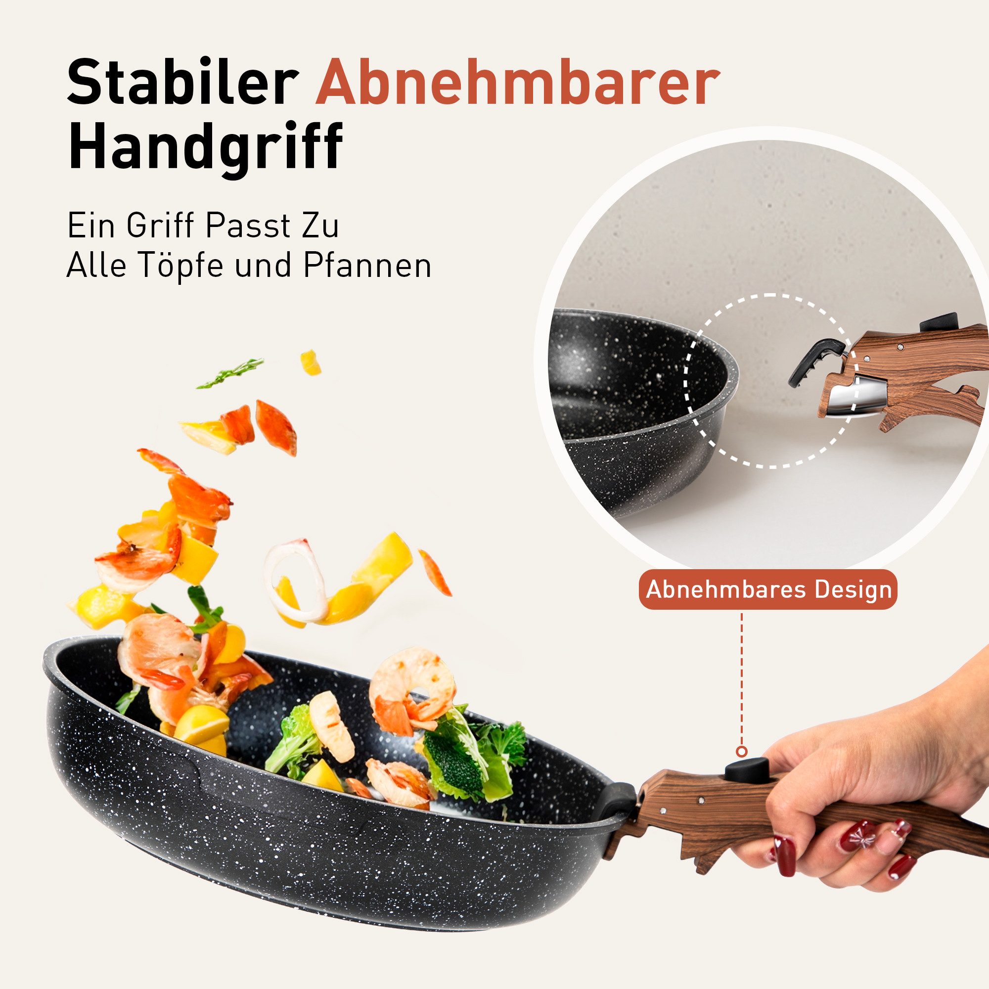 Kitchen Academy Pfannen-Set, (10-tlg, Pfanne 20cm/25cm, Stielkasserolle mit Deckel 18 cm, 2 Silikonspatel), Pfannenset mit abnehmbaren Griffen Töpfe und Pfannen Set mit Deckel