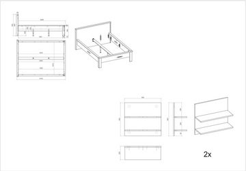 Home affaire Bettanlage SHERWOOD, (3-St), Liegefläche Bett 140x200cm, Wandpaneel mit jeweils 2 Ablageflächen