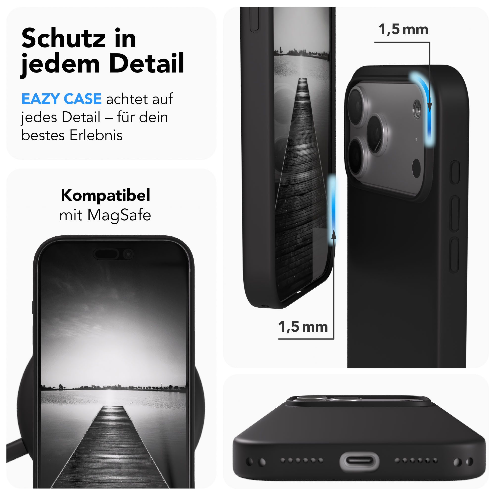 EAZY CASE Handyhülle für Apple iPhone 17 Pro Max Hülle Silikon 6,9 Zoll, Cover kompatibel mit Qi Magsafe Bumper Silicon Case kratzfest Schwarz