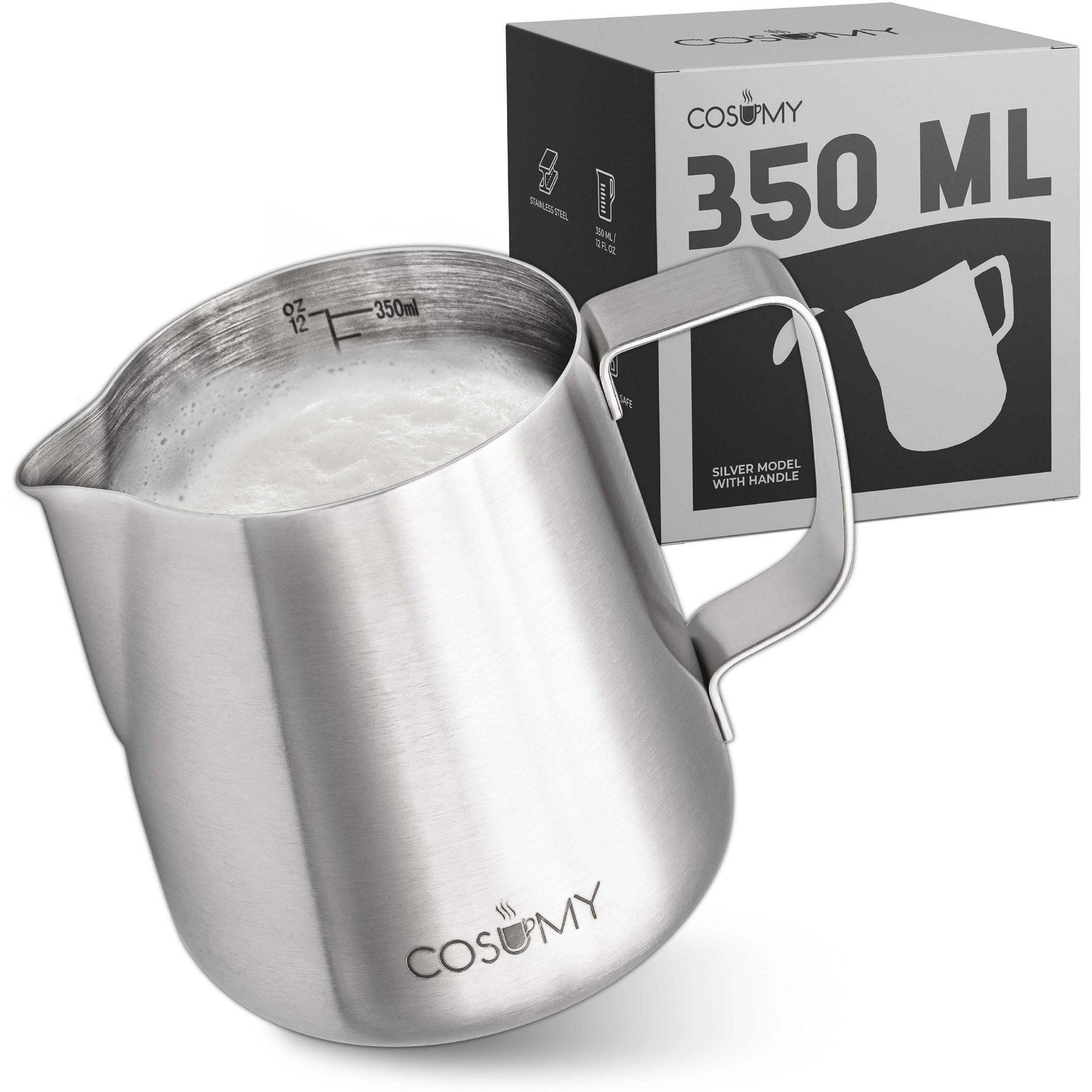 Cosumy Milchkännchen Milchkännchen Edelstahl 350ml mit Henkel, 350 l, (kein Set, 1-St), Spülmaschinenfest - Messskala im Inneren - Barista Zubehör