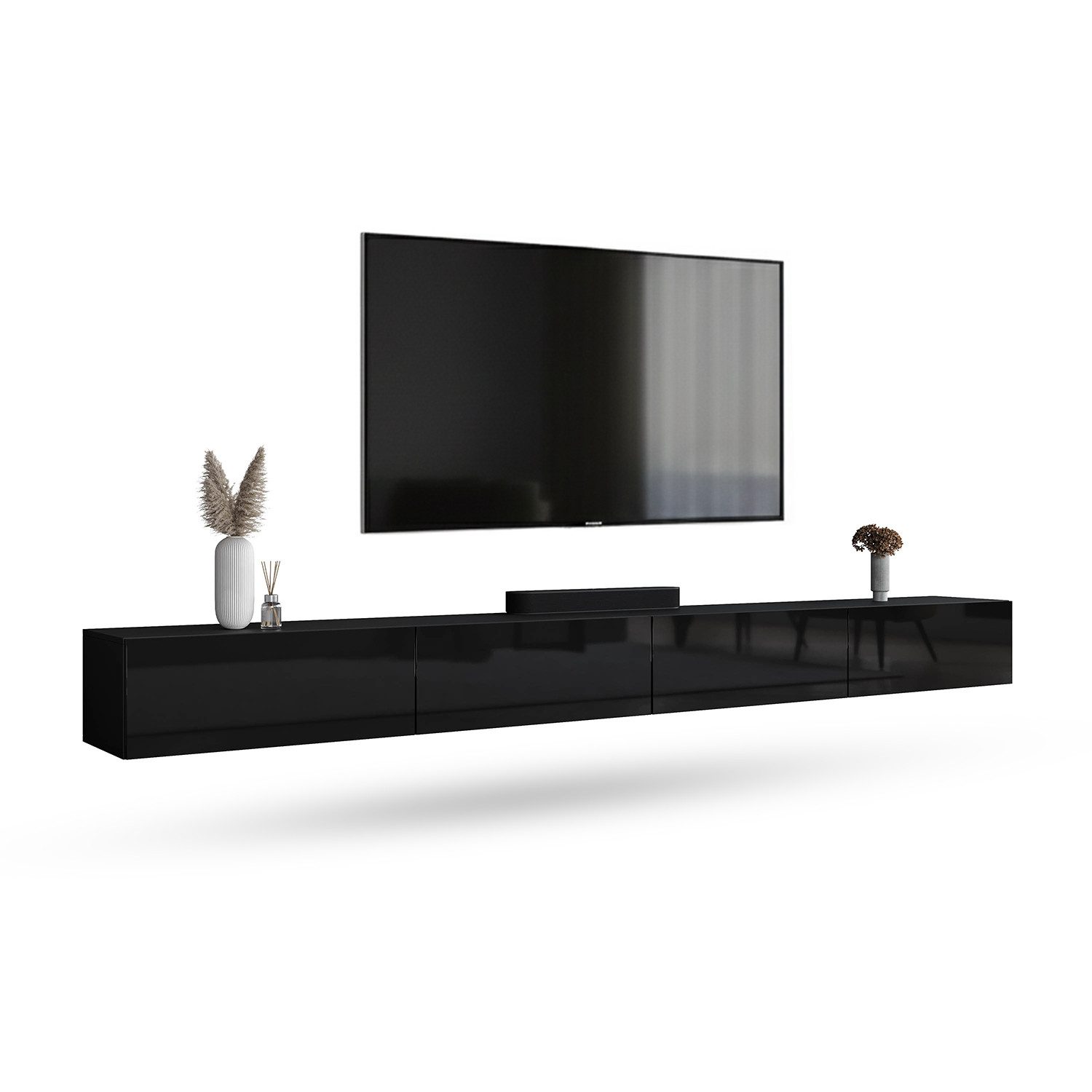 Planetmöbel TV-Schrank West TV-Board, Fernsehtisch 320 cm lang, TV-Lowboard (für Fernseher bis 75 Zoll, TV Schrank viel Stauraum, 2-St., sideboard hängend, Fernsehschrank 2x 160 x 30 x 37,5 cm) schwarz