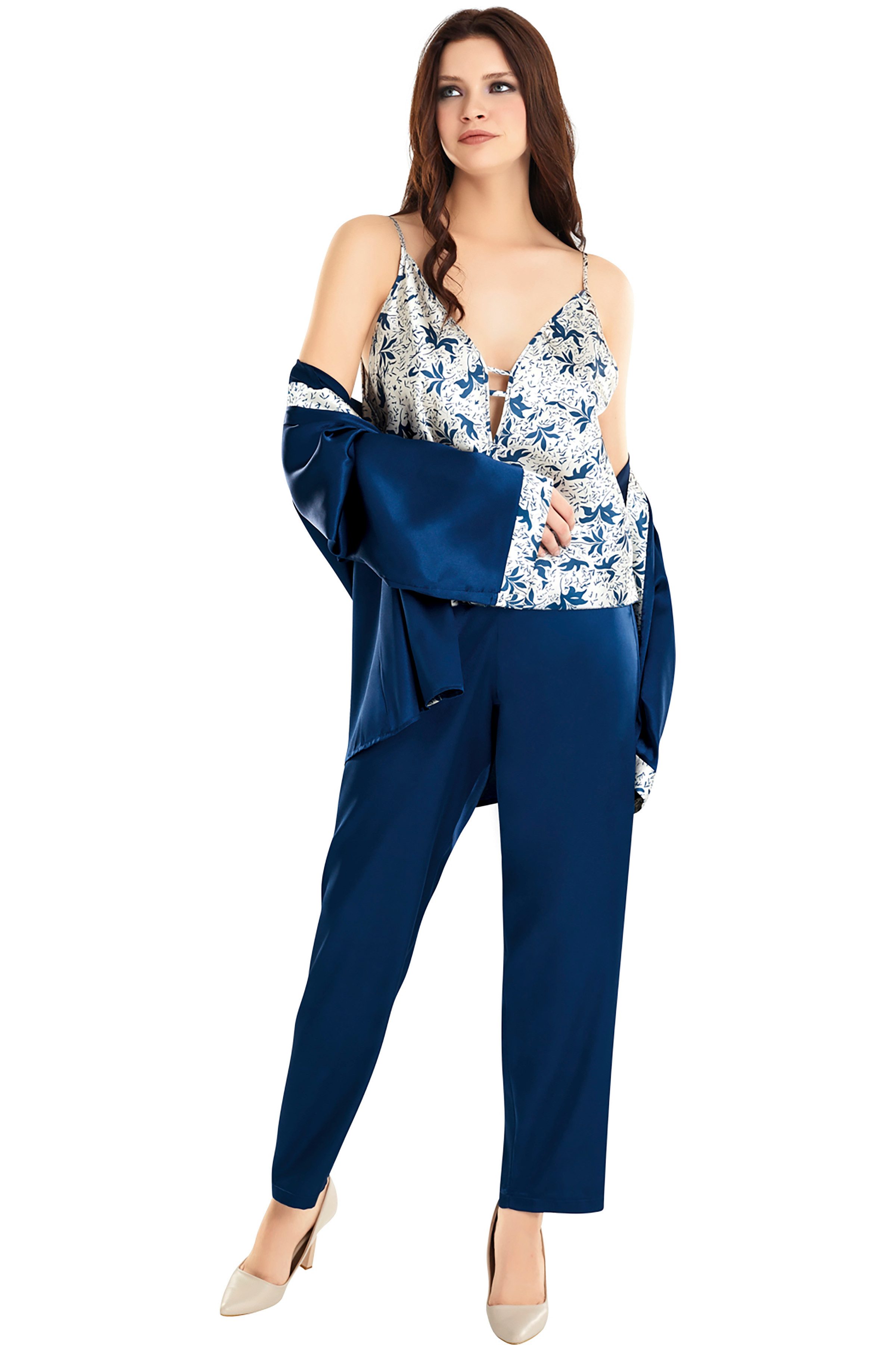 Capri-Pyjama Damen-Satin-Pyjama-Set, 3-tlg: Top, Hose, dunkelblauer Kimono