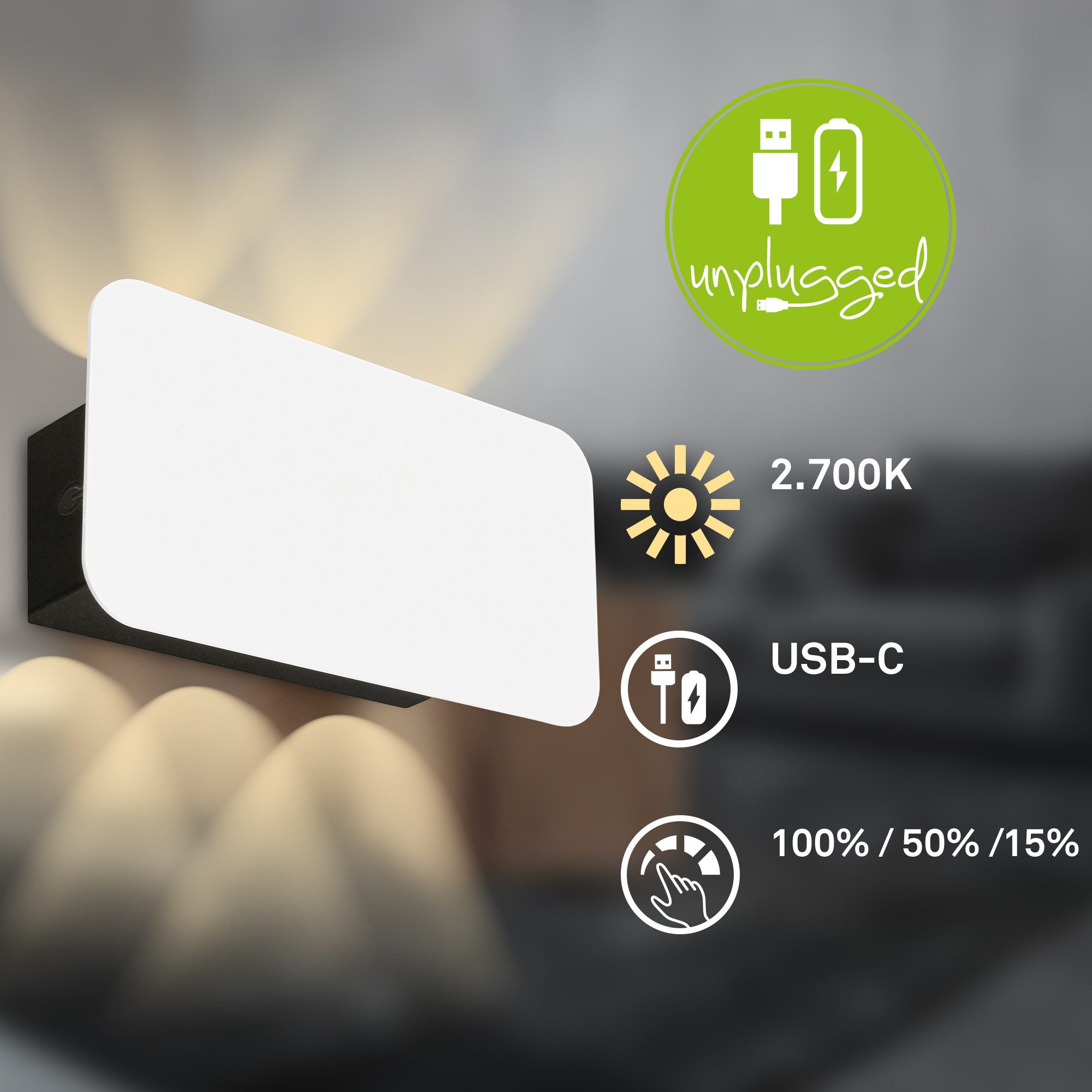 Briloner Leuchten Wandleuchte LED Wandlampe Extra-Warmweiß Wohnzimmer Esszimmer, LED fest integriert, 2700K - Extra - Warmweiß, Wandlampe Innen 17x9x4,3cm Schwarz 3W 300lm Innen ohne Stromanschluss