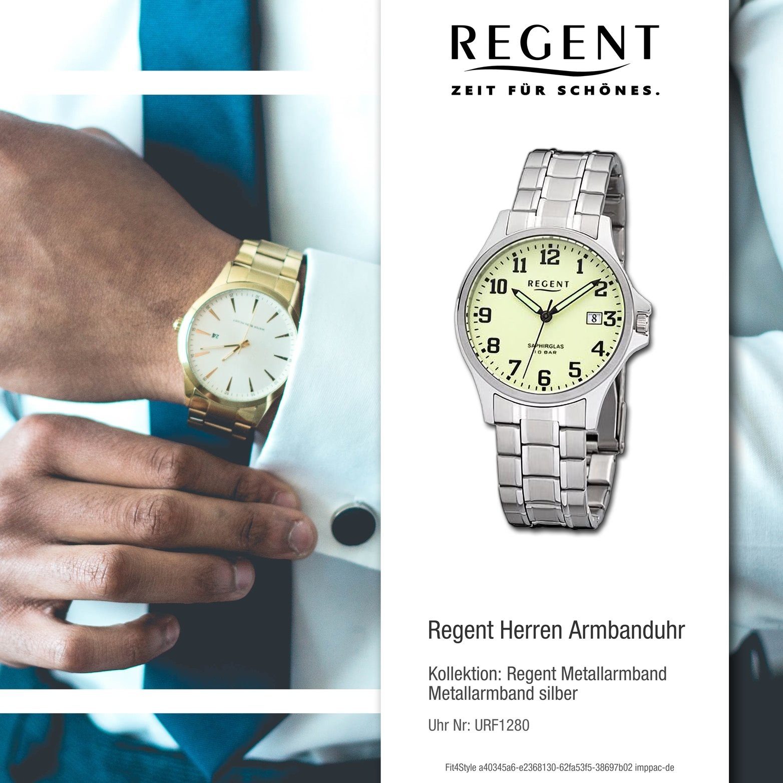 Analog, silber, Gehäuse, Regent Regent 36mm) Herren Quarzuhr rundes (ca. Herrenuhr Metallarmband Armbanduhr groß extra