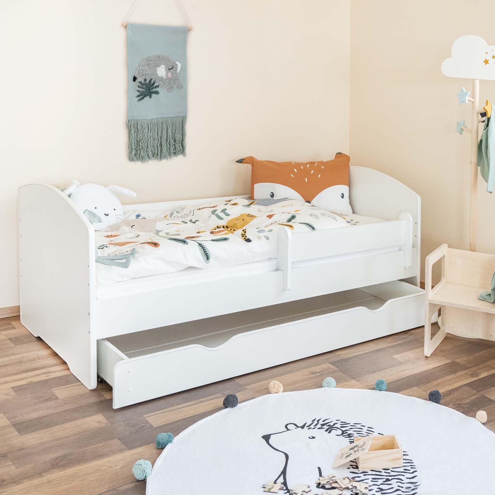 Alcube Kinderbett 80x180 cm I ISA, in Weiß Jugendbett 180x80 cm mit  Schublade Matratze & Rausfallschutz, perfekt für Jungen & Mädchen