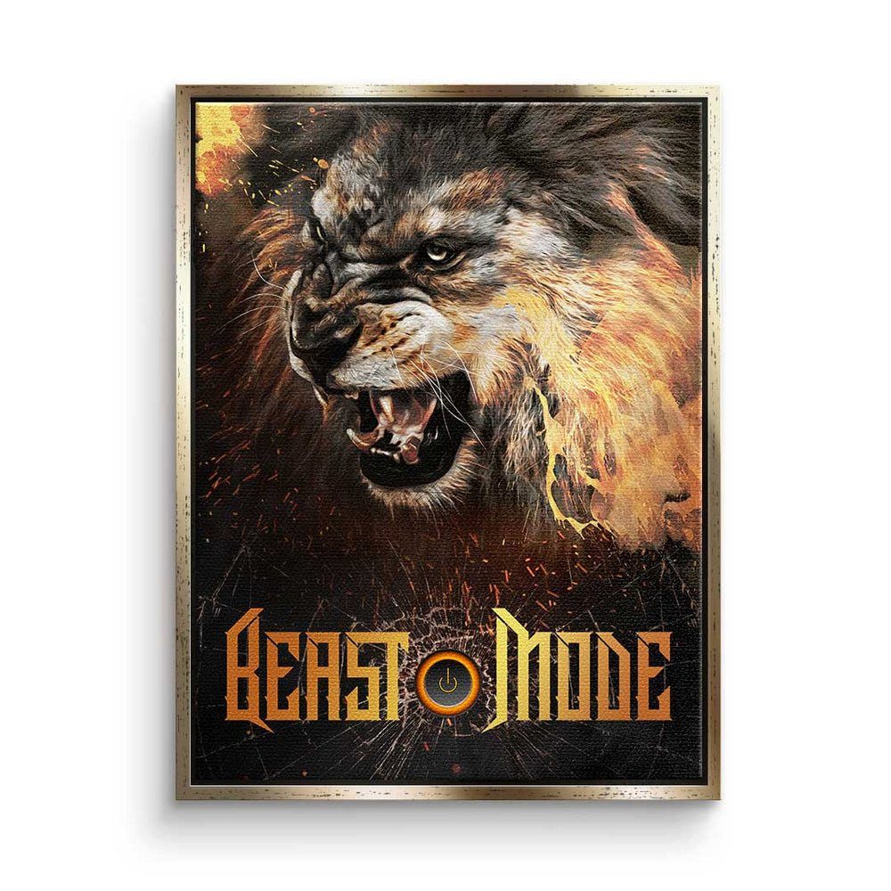 DOTCOMCANVAS® Leinwandbild Beast Mode Lion, Premium Leinwandbild - Motivation - Beast Mode Lion - Hustle - Büro goldener Rahmen