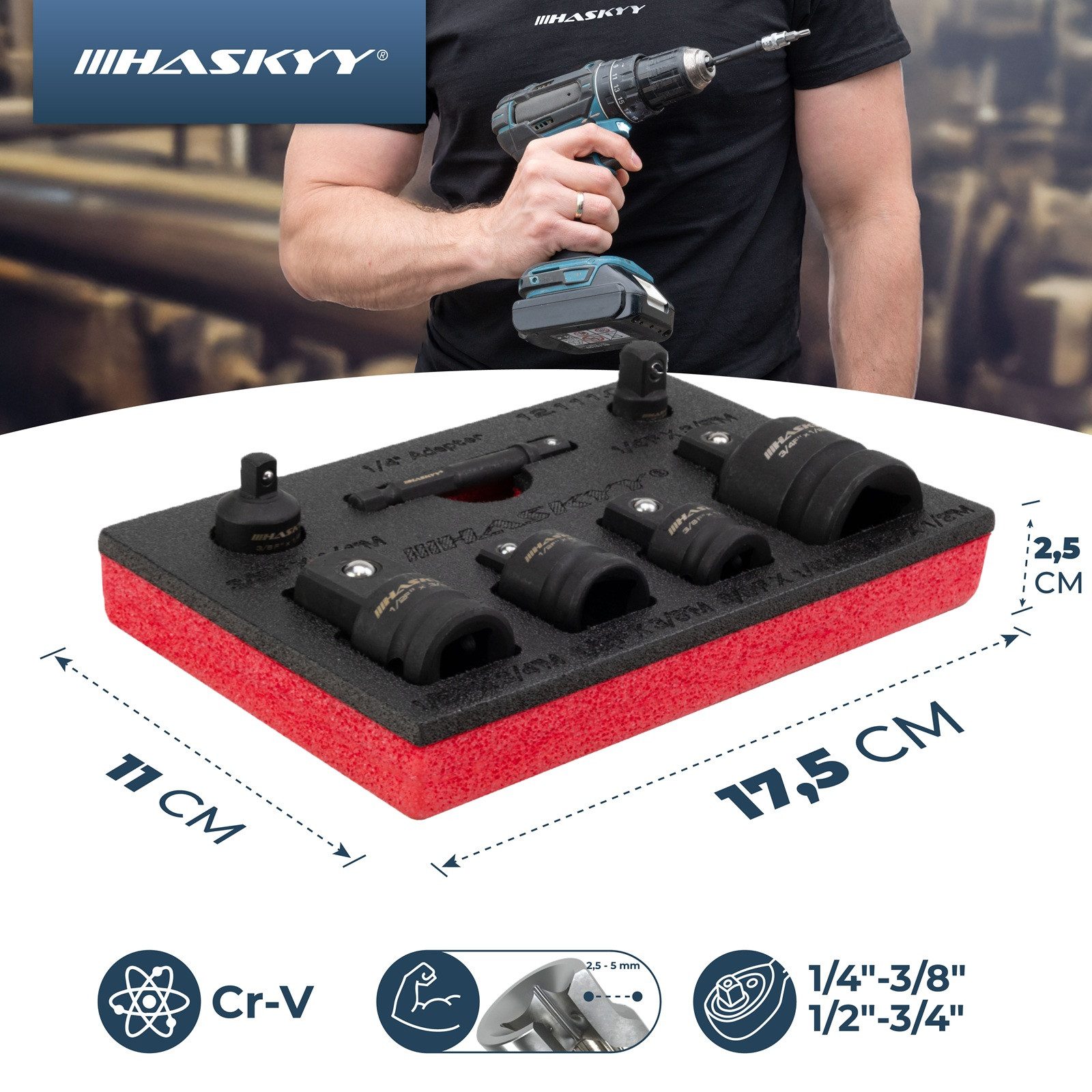 HASKYY Stecknüsse Schlagschrauber Stecknuss Adapter Set 1/4" 3/8" 1/2" 3/4" Steckschlüss – Bild 3 von 5