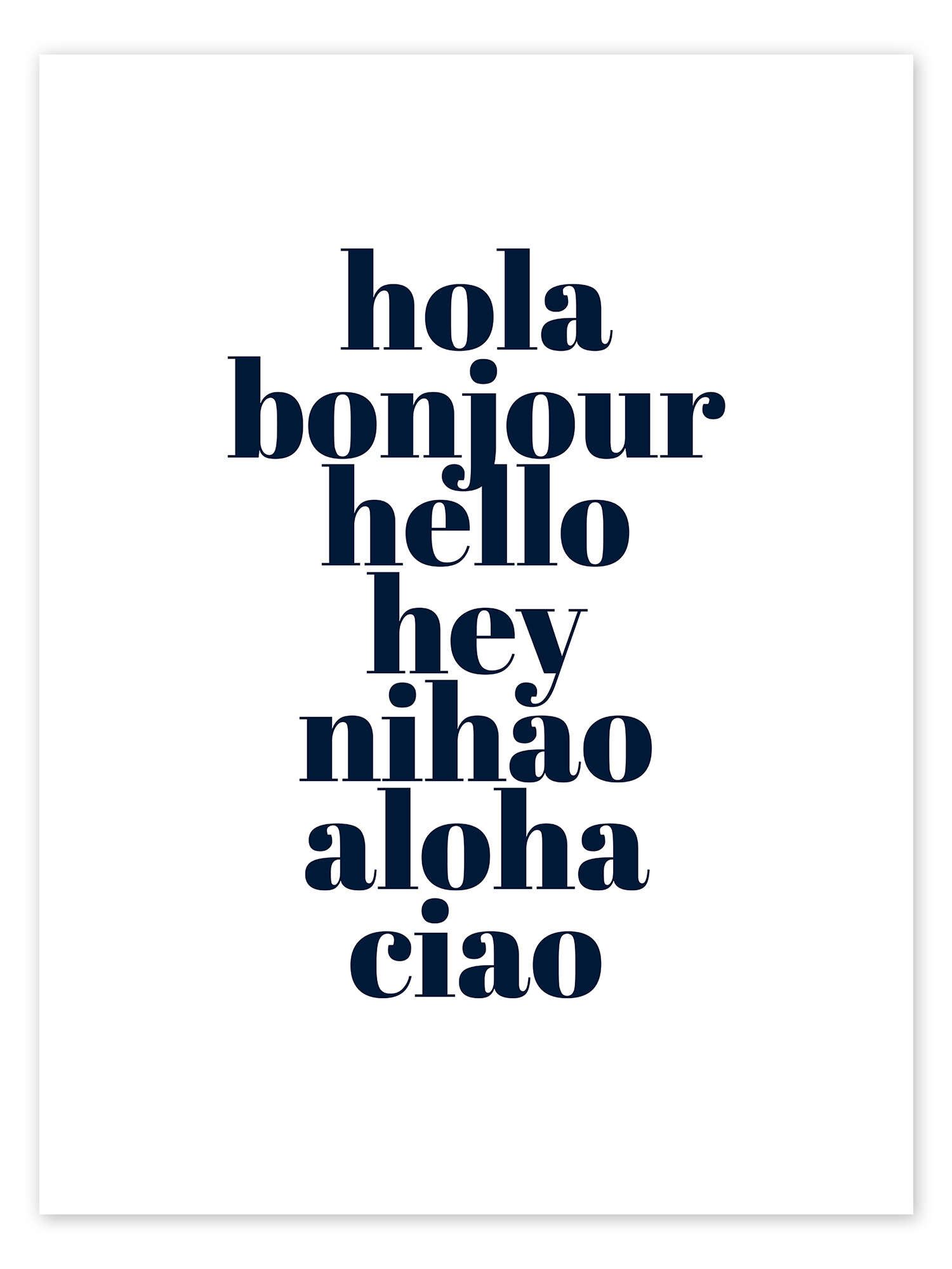 Posterlounge Wandbild Hola Bonjour Hello, Typobox, erhältlich als Poster, Leinwandbild, Wandsticker oder Acrylglasbild