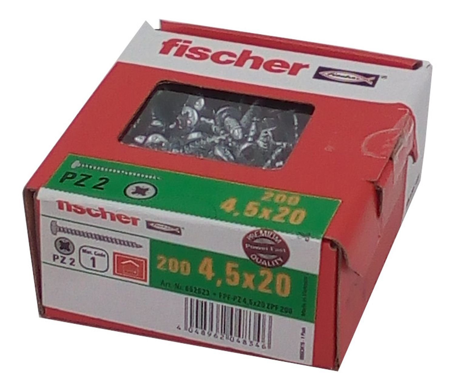 Fischer Befestigungstechnik (200 V, 200x 20 St) verzinkt Spanplattenschrauben 4,5 x Schraube fischer Kreuzschlitz PZ2