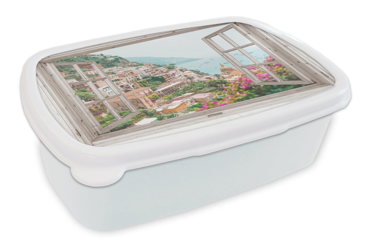MuchoWow Lunchbox Ausblick - Italien - Blumen - Meer - Küste - Stadt - Berge, Kunststoff, (2-tlg), Brotbox für Kinder und Erwachsene, Brotdose, für Jungs und Mädchen weiß