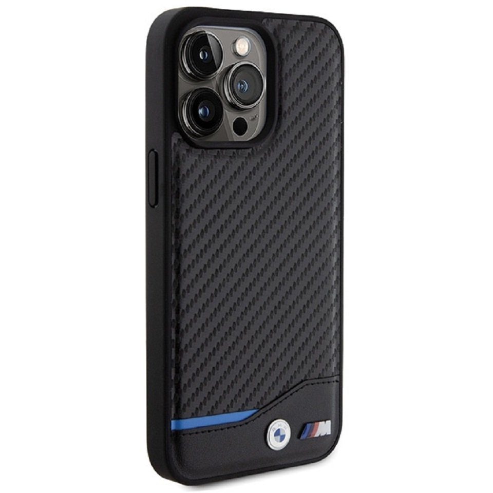 BMW Handyhülle Case iPhone 15 Pro Max Leder Tricolor schwarz Carbon 6,7 Zoll, Kantenschutz