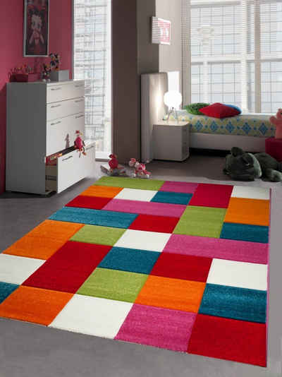 Kinderteppich Kinderteppich Spielteppich Kinderzimmer Teppich Karo bunt türkis orange weiss rot pink, Carpetia, rechteckig, Höhe: 13 mm
