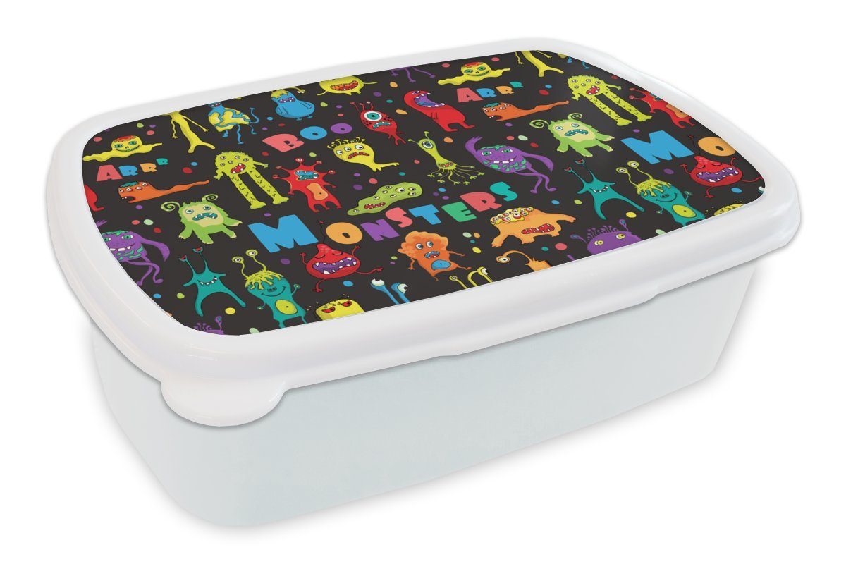 MuchoWow Lunchbox Design - Monster - Party - Kinder, Kunststoff, (2-tlg), Brotbox für Kinder und Erwachsene, Brotdose, für Jungs und Mädchen weiß