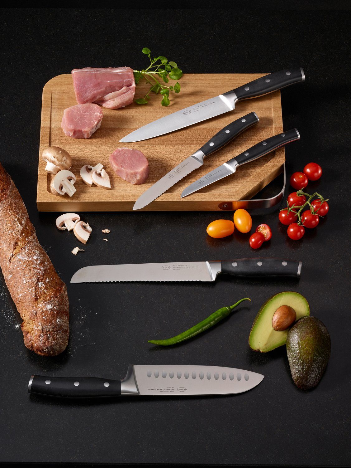 RÖSLE Santokumesser Tradition, für Fleisch, Fisch und Gemüse, Kullenschliff, Klingenspezialstahl