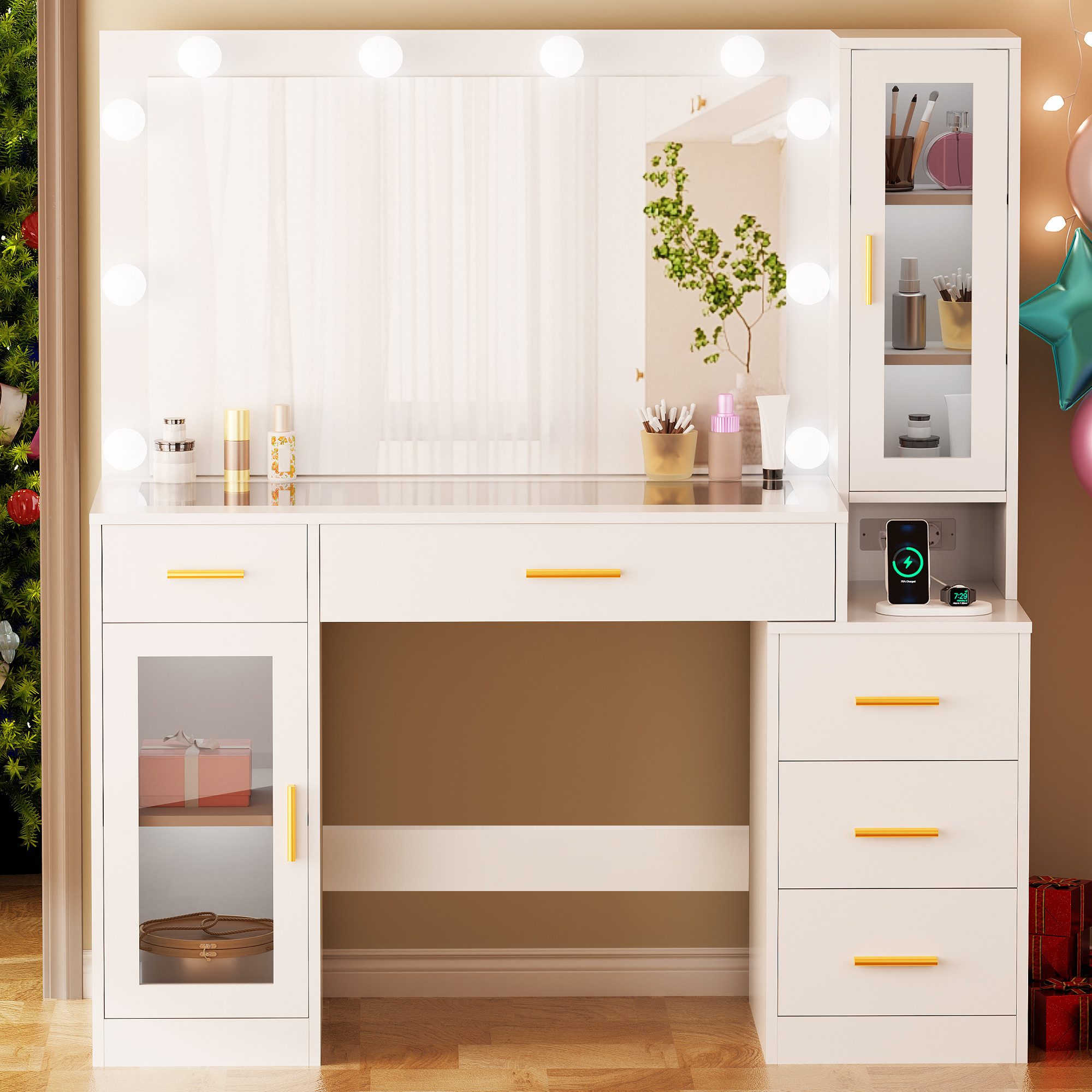 BEWISHOME Schminktisch mit LED-Spiegel und Ladestation, Glasplatte, 5 Schubladen (1-St), 3 Beleuchtungsmodi, einstellbare Helligkeit, 125x40x140cmn