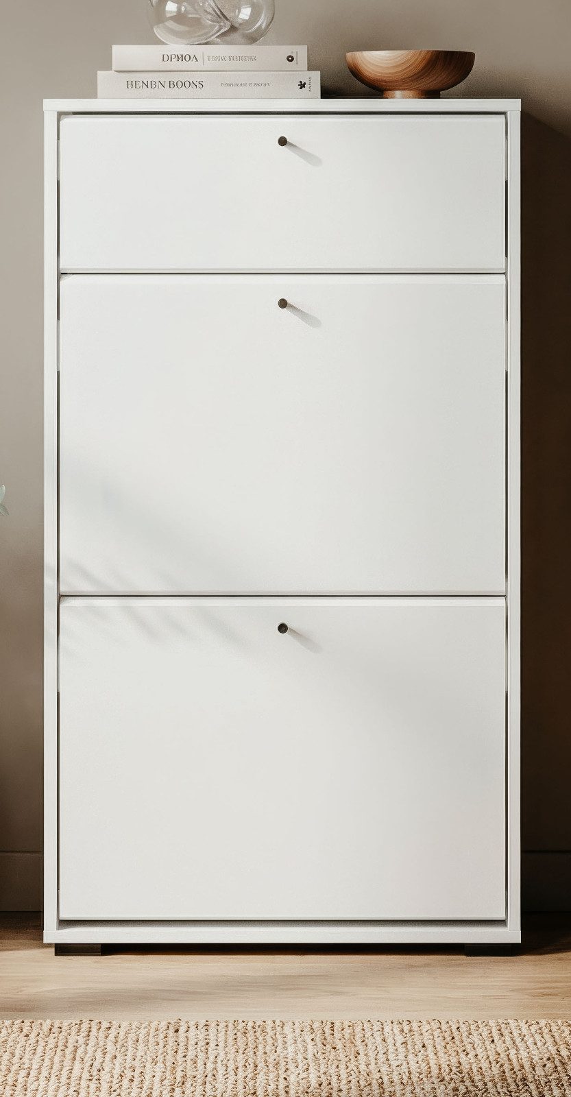 Furn.Design Schuhkipper Binz (Schuhschrank in Weiß, 2 Kipper und Schubkasten, 58 x 111 cm), bis 24 Schuhe