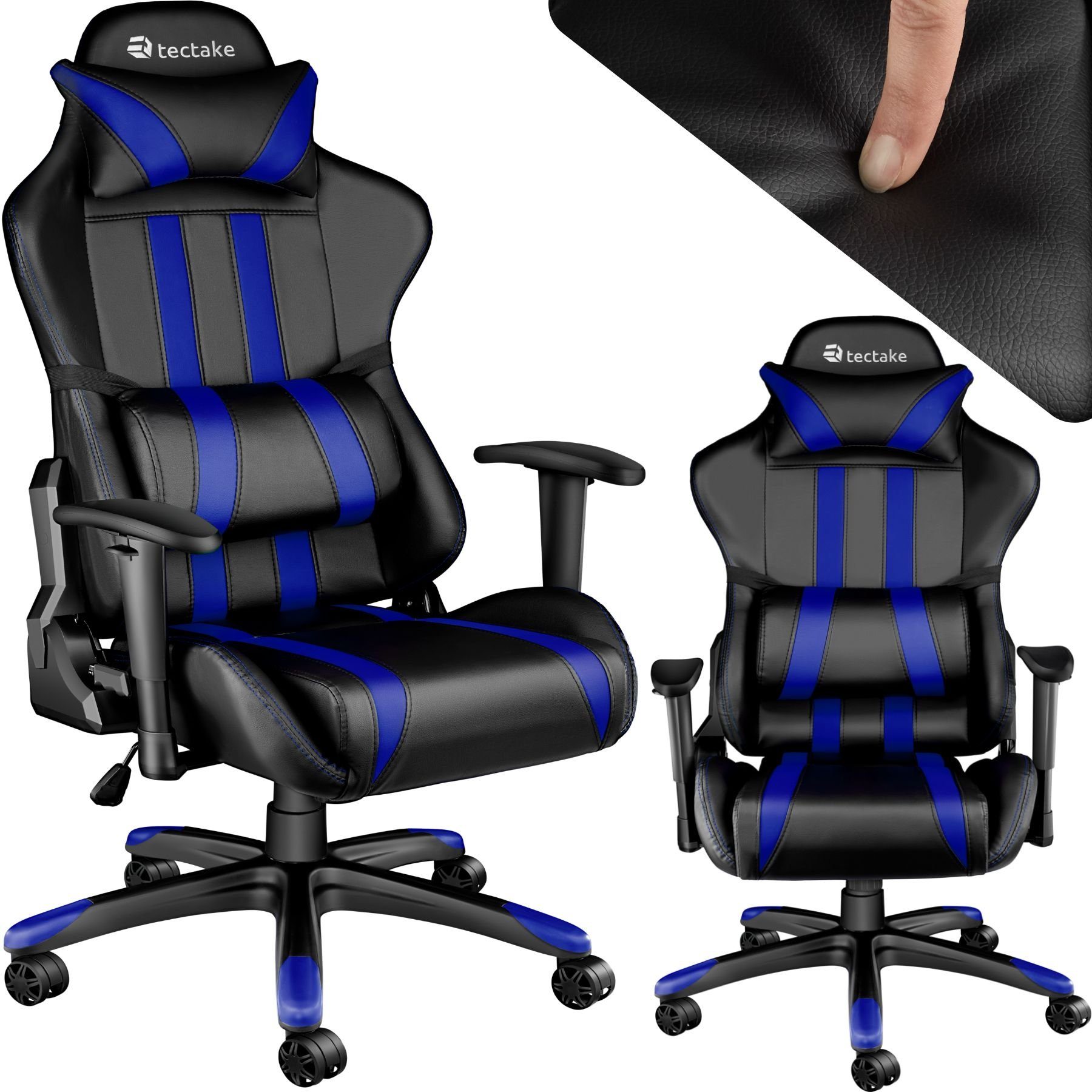 tectake Gaming-Stuhl Premium Racing Bürostuhl mit Streifen (1er, 1 St), Rückenlehne bis 105° verstellbar schwarz/blau