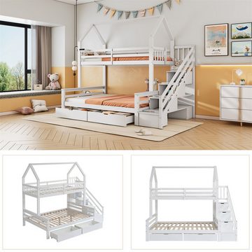 autolock Kinderbett Etagenbett mit Leiter,Hausbett,Kinderbett,Drei-Schläfer,mit Regal, Schubladen,mit Fallschutzgitter,mit MDF-Stauraum-Leiterschrank