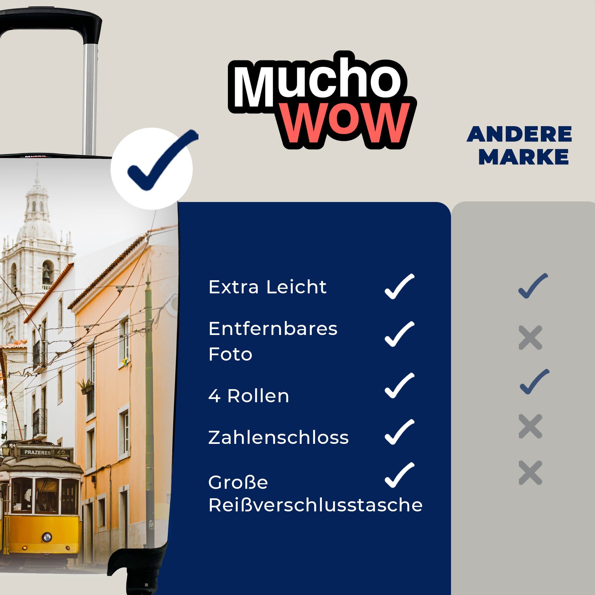 MuchoWow Handgepäckkoffer Die berühmte gelbe Straßenbahn Rollen, 4 Trolley, Lissabon, Reisetasche Ferien, rollen, durch fährt für mit Reisekoffer Handgepäck