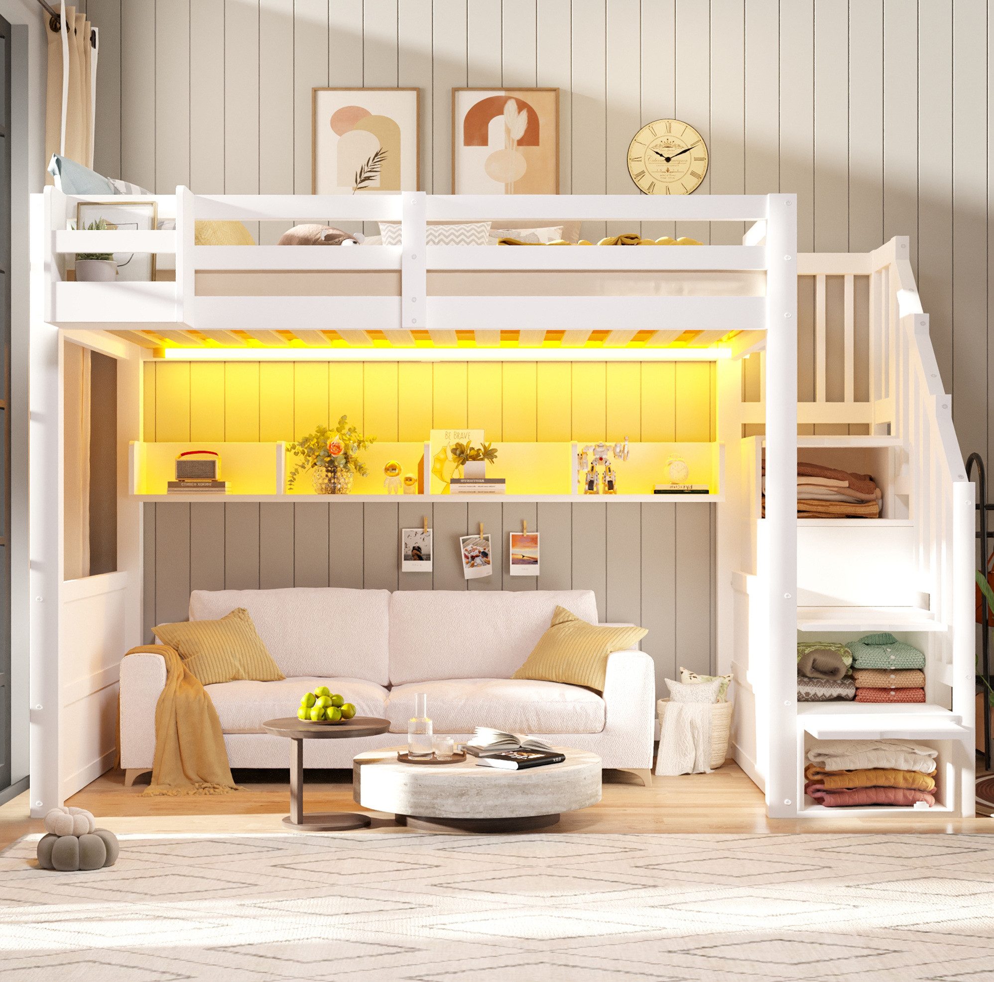 MODFU Hochbett Schlafplatz mit Treppe, Schrankelementen und viel Stauraum (Packung, 2-St., Robustes Holzgestell für platzsparende Raumgestaltung) 90x200 Kinderbett Weiß aus Holz mit LED Beleuchtung mit Matratze
