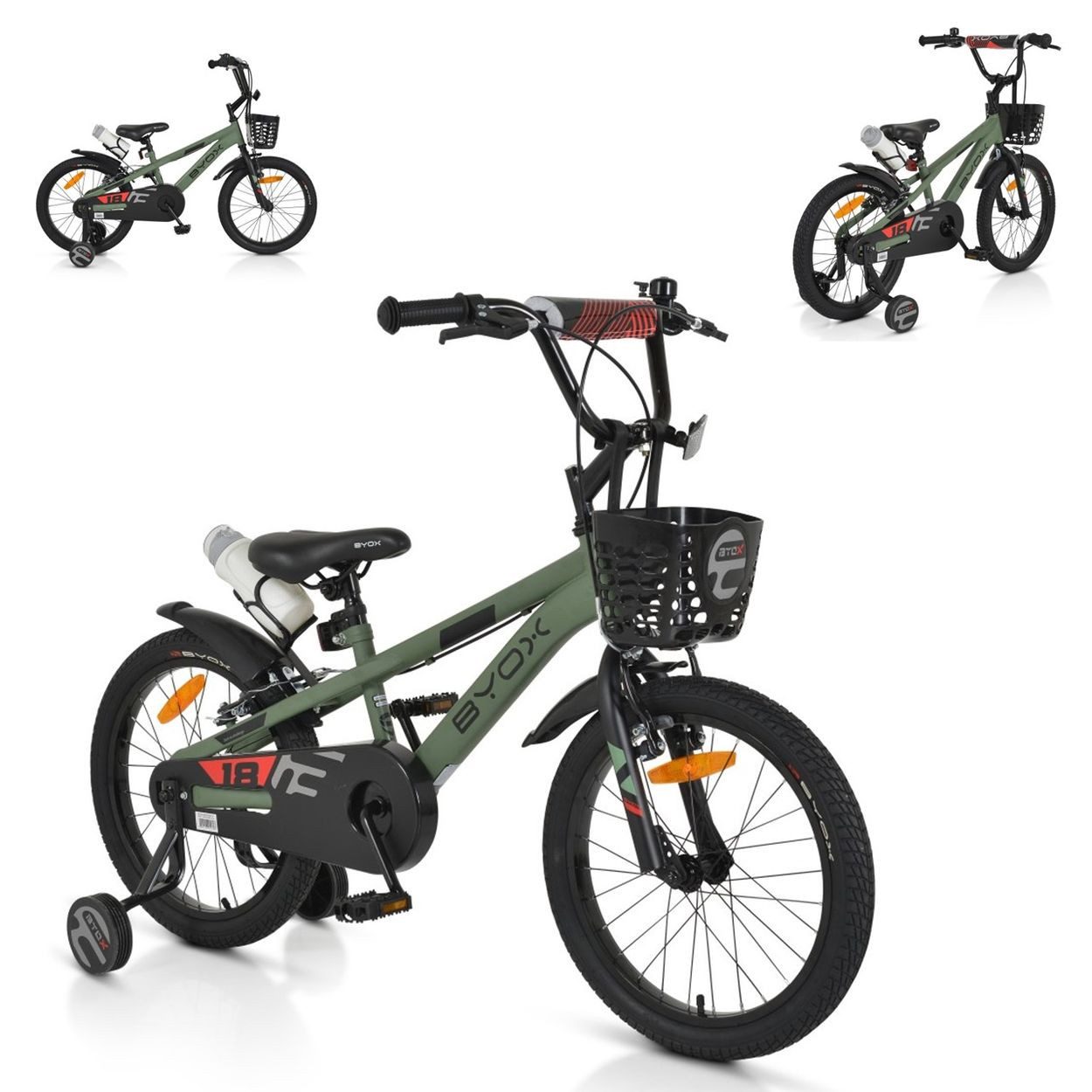 Byox Kinderfahrrad Challenge 18 Zoll, 1 Gang 1 Gang, keine, Frontkorb, Getränkehalter, Stützräder, Kettenschutz, Schutzbleche