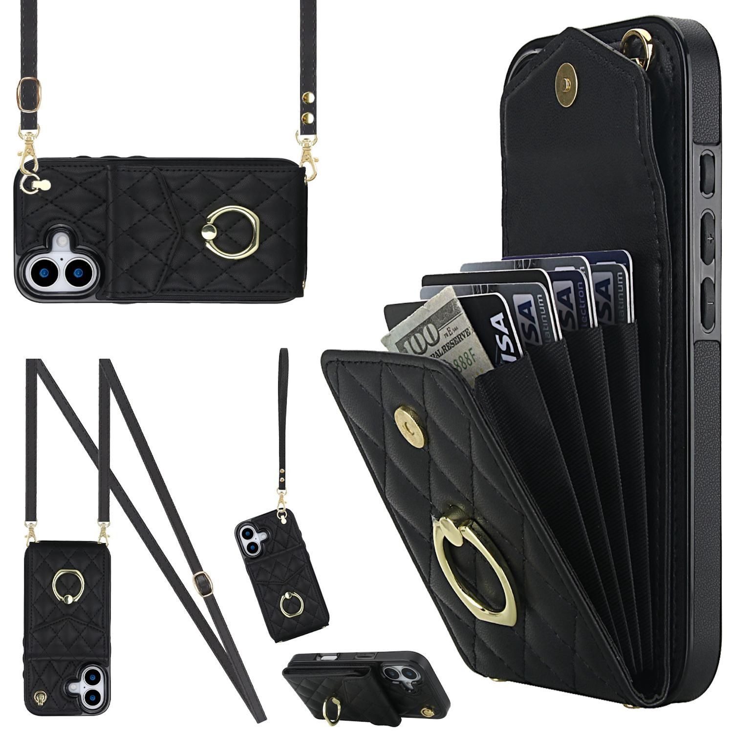 Wigento Handyhülle Für Apple iPhone 17 Crossbody Kunstleder Rhombic Design Hülle Schwarz, Mit Kartenfächern, RFID-Schutz, Gurt