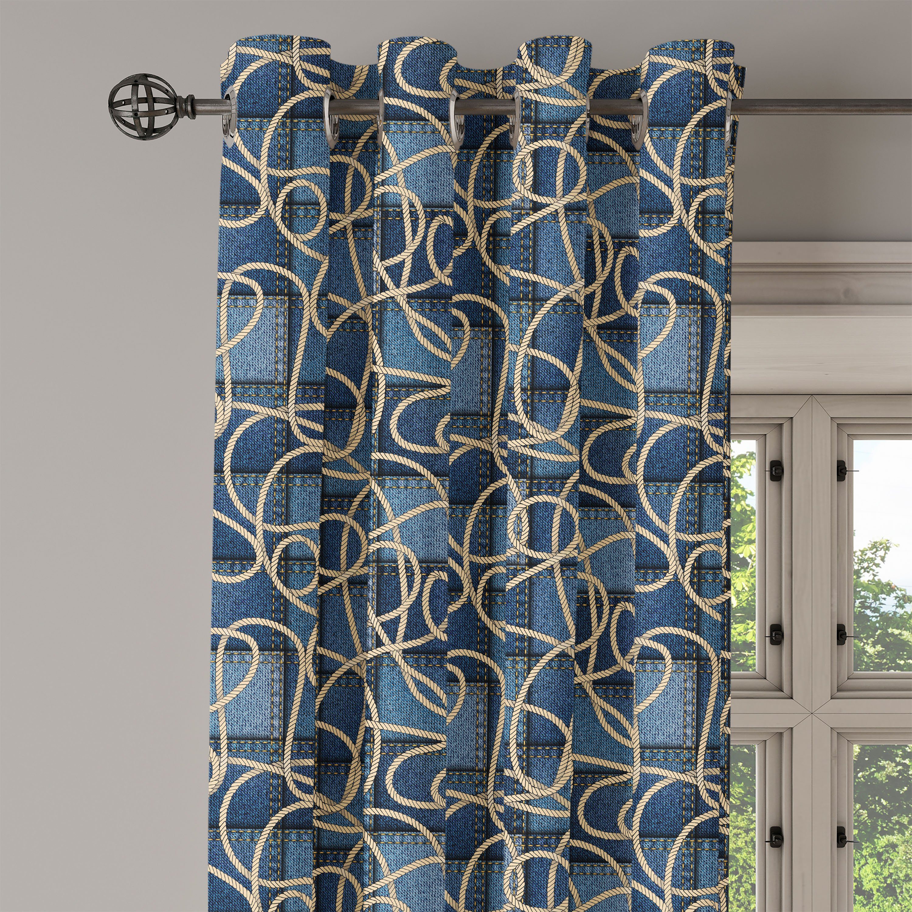 Schlafzimmer Abakuhaus, 2-Panel-Fenstervorhänge für Seil Wohnzimmer, Dekorative Gardine Patchwork Blau Denim