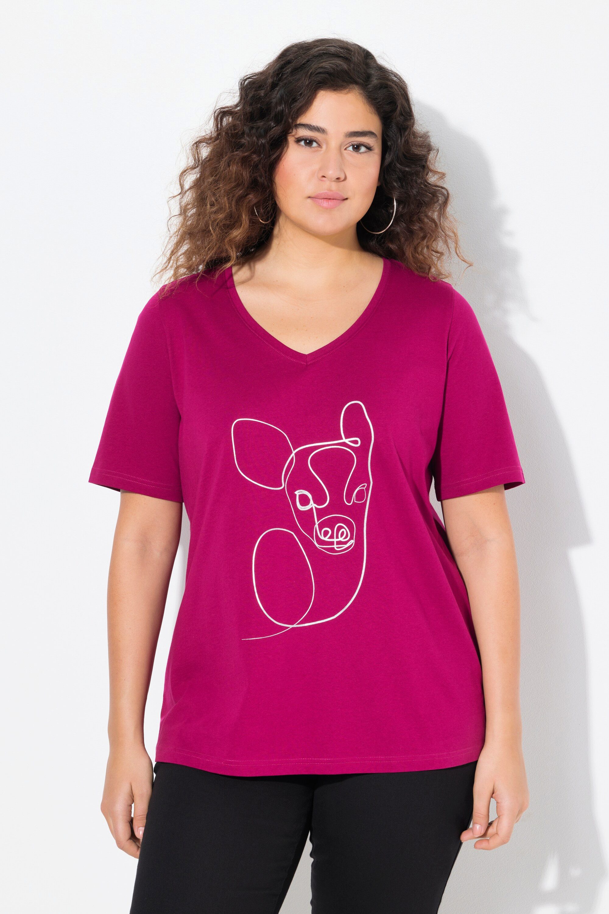 Ulla Popken T-Shirt T-Shirt Metallic-Tiermotiv V-Ausschnitt Halbarm günstig online kaufen