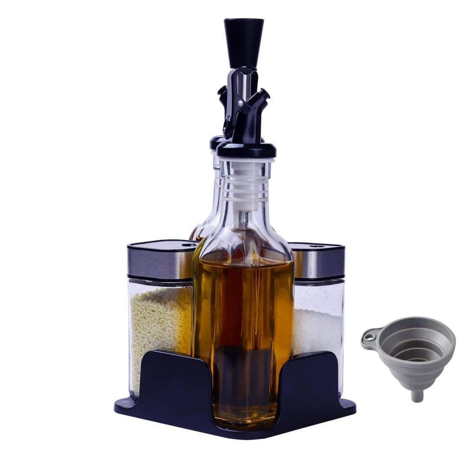 LuxusKollektion Gewürzbehälter Salz Pfeffer Öl Essig Set 5tlg. Rotierend Silver, Glas