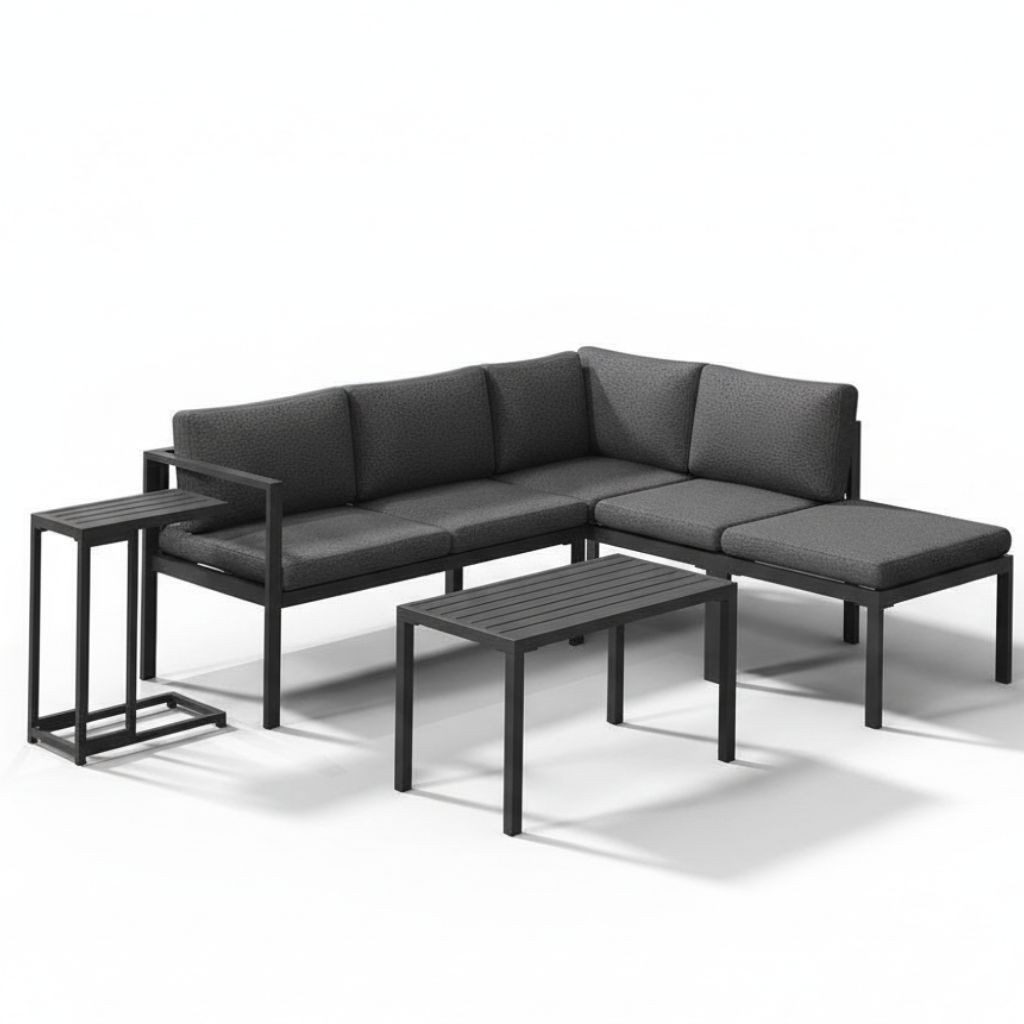 Melko Sitzgruppe 5-teiliges Gartenmöbel-Set aus Aluminium mit Tisch, Hocker und Kissen, (Sitzgruppen-Set, 5-tlg., 2 Sofa-Elementen, 1 Tisch, 1 Beistelltisch, 1 Hocker sowie Auflagen), Flexible Eck-Sitzgruppe mit Aluminiumgestell mit Teslin-Sitzflächen