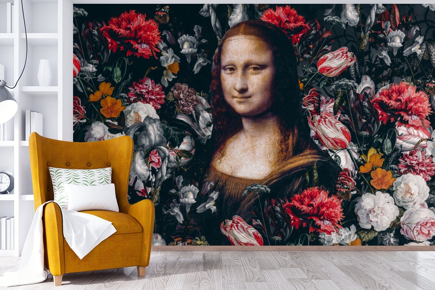 MuchoWow Fototapete Mona Lisa Schlafzimmer, Wallpaper - Kinderzimmer, Vinyl Tapete Da - Matt, für Blumen Vinci bedruckt, Gemälde, St), (6 Wohnzimmer, 