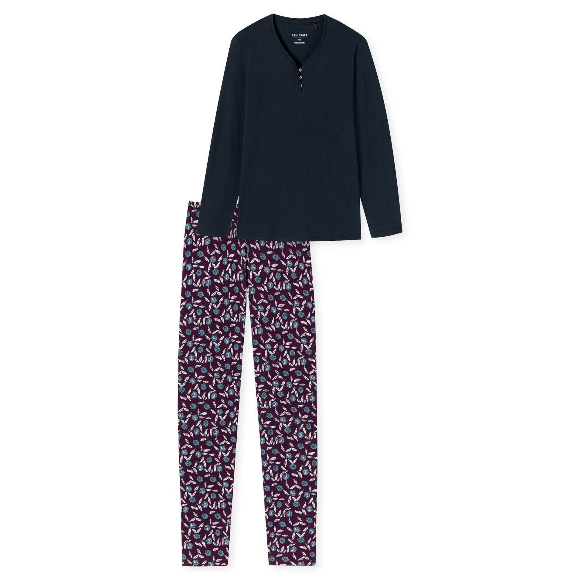 Schiesser Pyjama V-Ausschnitt - Set Schlafanzug Damen Blau lang