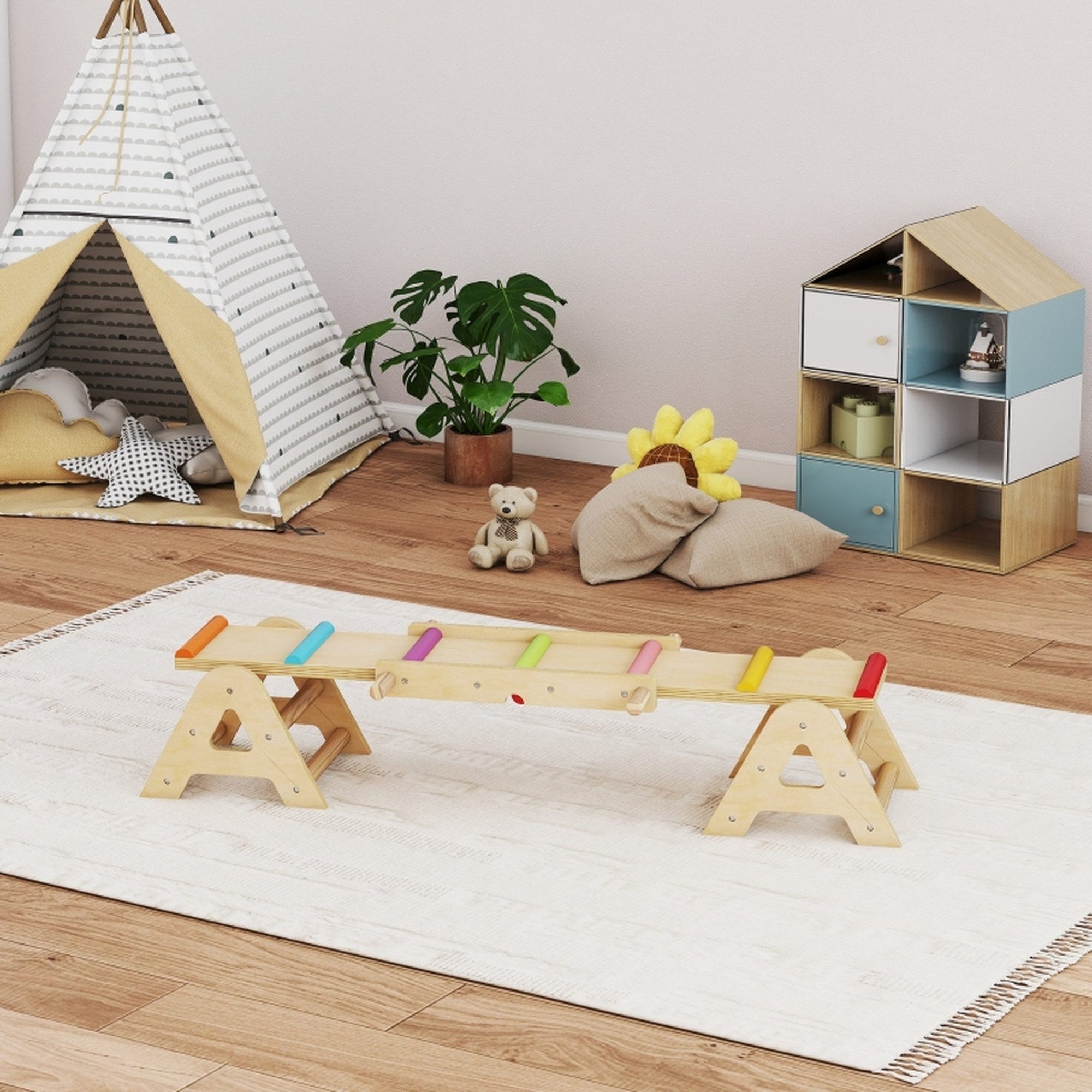 MC Star Balancetrainer 2 In 1 Balance Wippe Kinder, Schwebebalken aus Holz, Wippe Schaukelwippe Garten