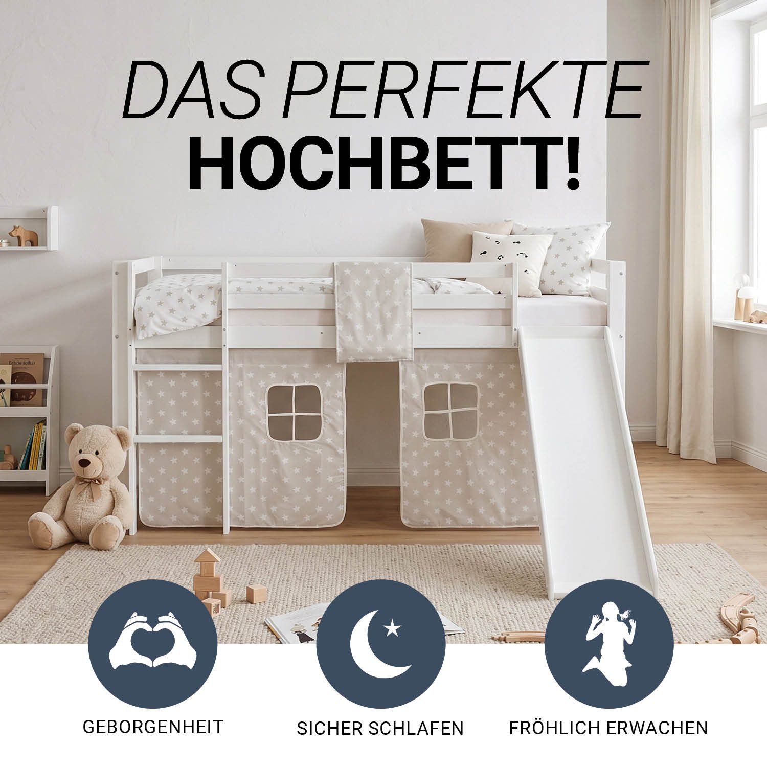 Homestyle4u Hochbett 90x200 Weiß mit Vorhang Sterne Grau für 1 Kind Kiefer Massiv Kinder (Set, mit Lattenrost und Rutsche, Jungen Mädchen, Spielbett)