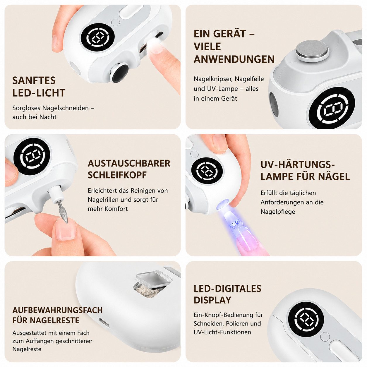 XEOOCE Nagelknipser Elektrischer Nagelknipser 4-in-1 Nagelfräser LED USB