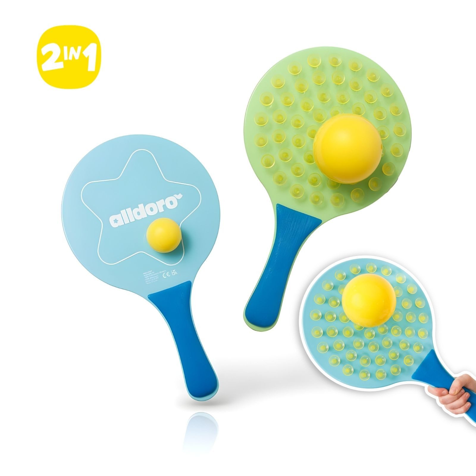 alldoro Beachballschläger Stick & Play Beachball-Set - 2in1 Rückschlagspiel für Strand & Garten, Beachtennis Set mit Saugnapf-Schlägern - Wurfspiel für die Familie