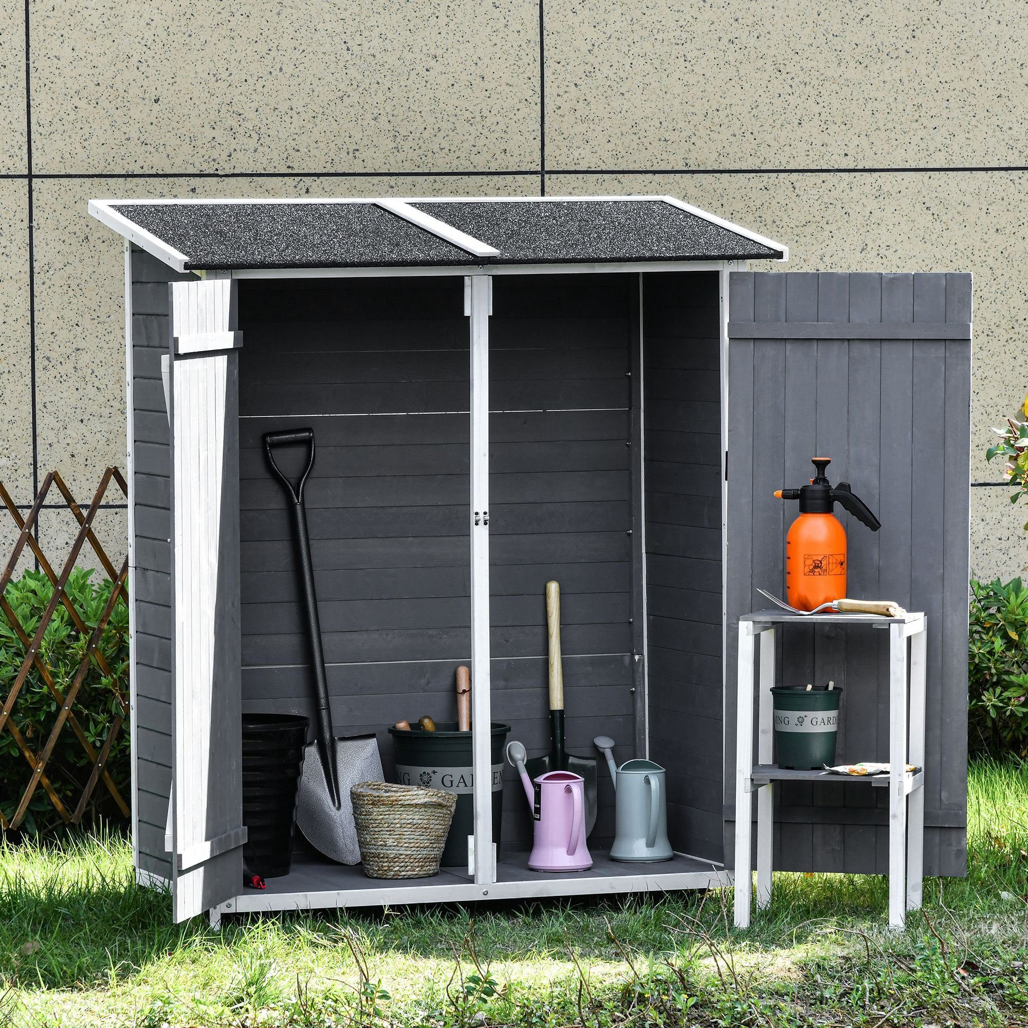 Outsunny Gerätehaus aus Holz, Geräteschuppen mit 2 Tür, Asphaltdach, mit Bodennägel, BxT: 139x75 cm, (Gartenschrank, 1 St., Geräteschrank), für Garten, Grau